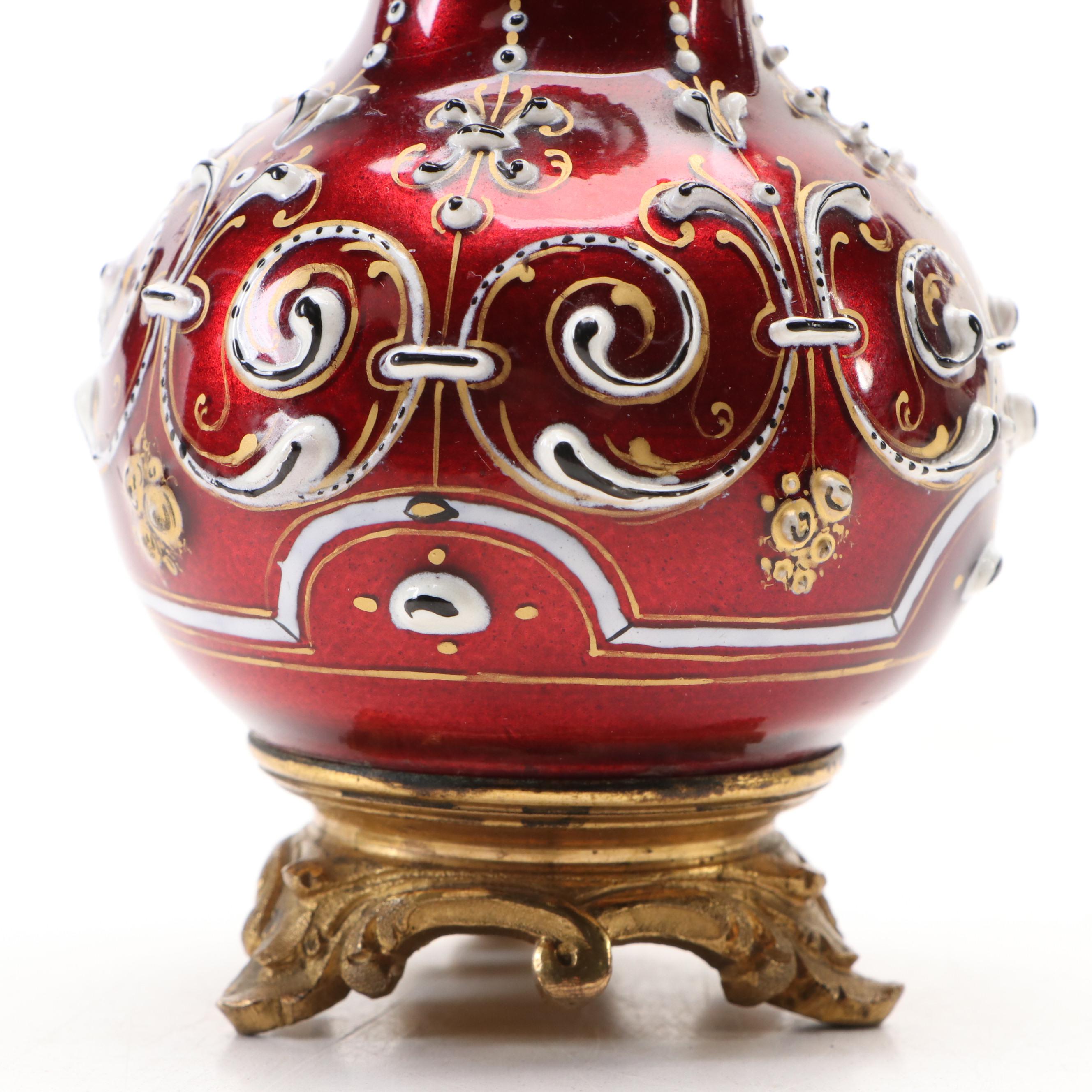 European Renaissance Revival Ormolu Mounted Enameled Vase with Raised Decoration