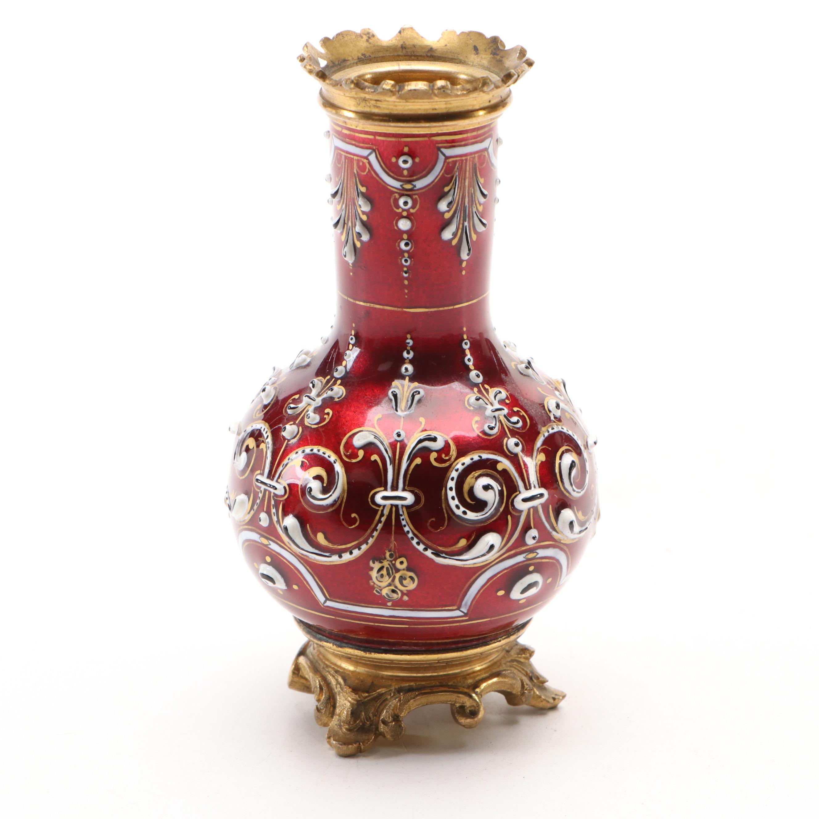 European Renaissance Revival Ormolu Mounted Enameled Vase with Raised Decoration