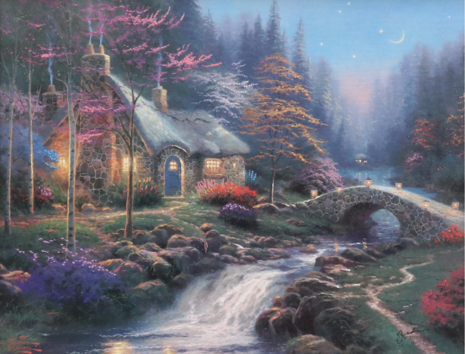 Thomas Kincade Embellished Offset Lithograph "Twilight Cottage"