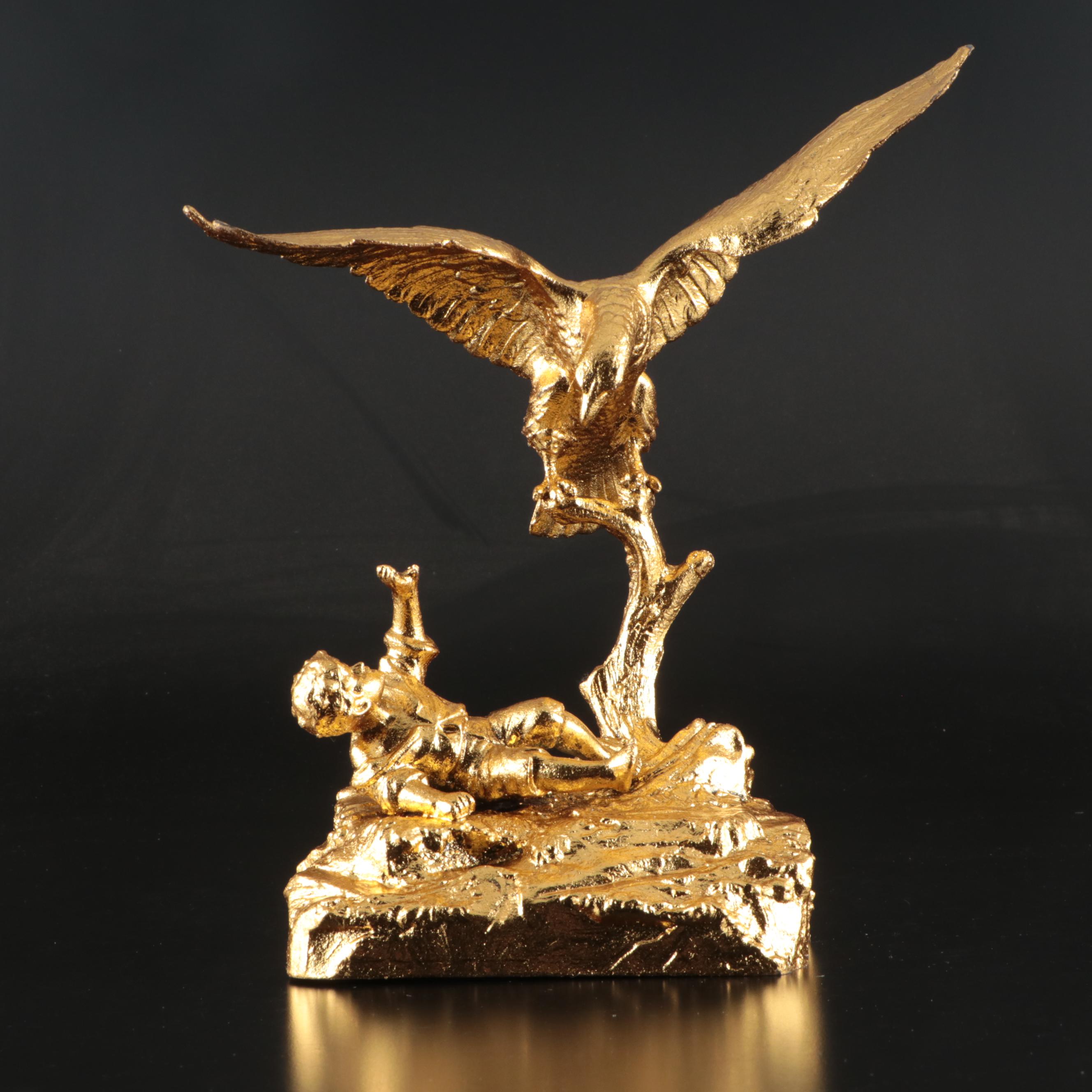Gold Finished Metal Eagle and Boy Figurine