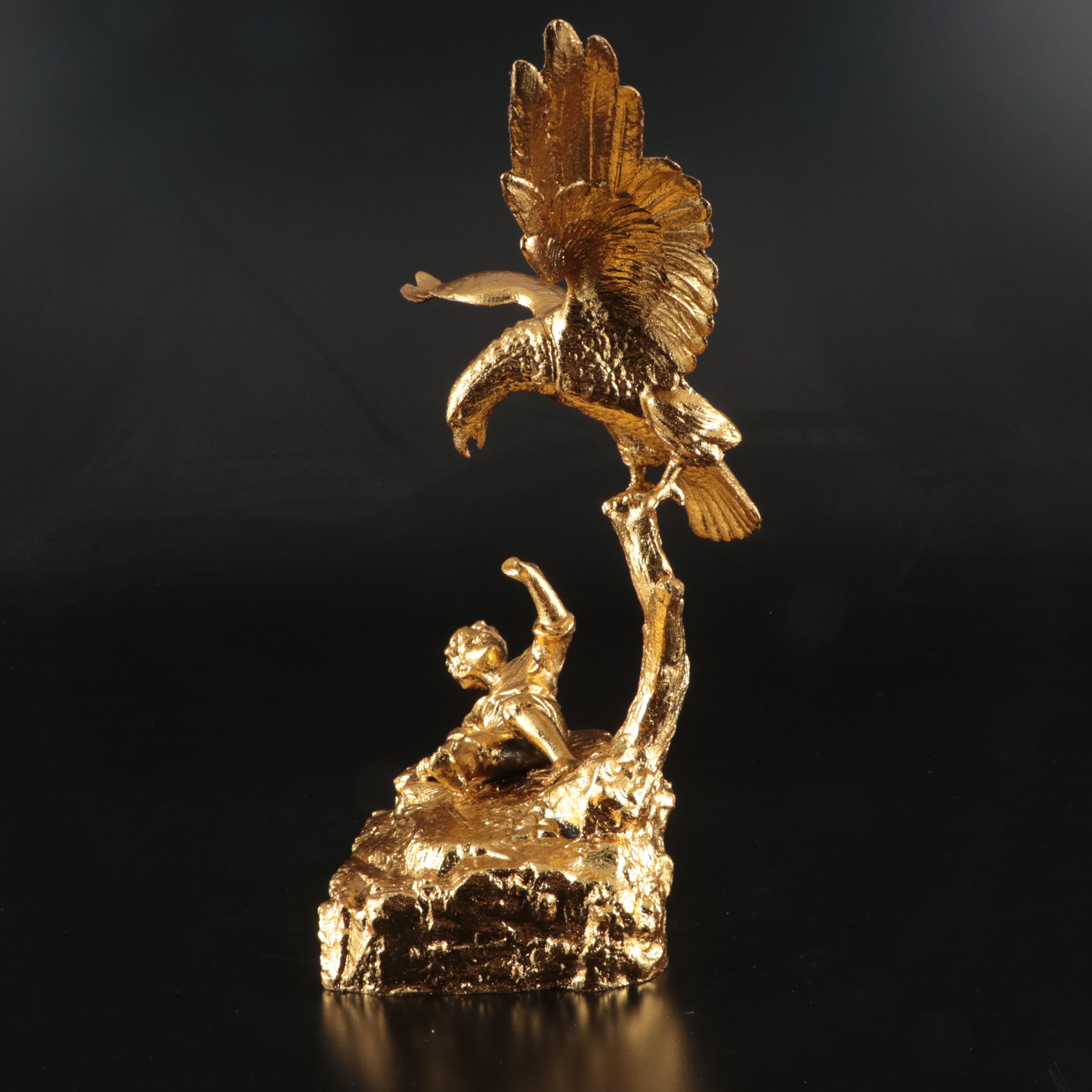Gold Finished Metal Eagle and Boy Figurine