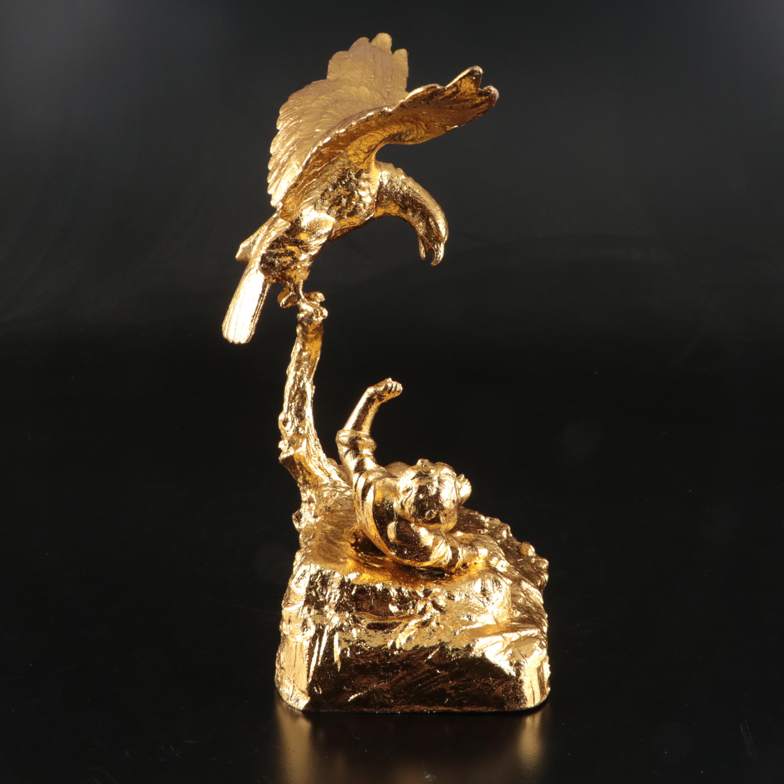 Gold Finished Metal Eagle and Boy Figurine