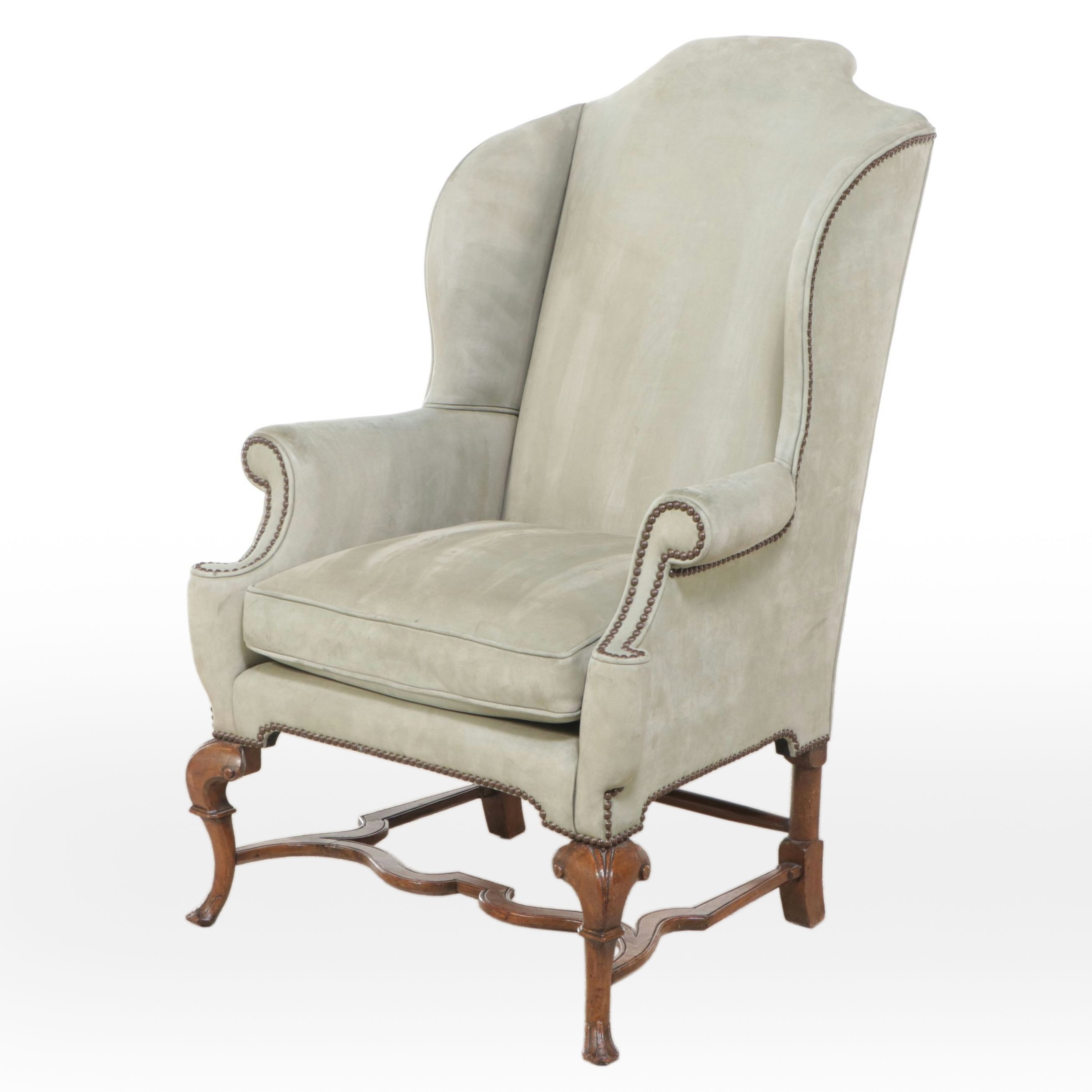 George II Style Suede and Walnut Wingback Armchair