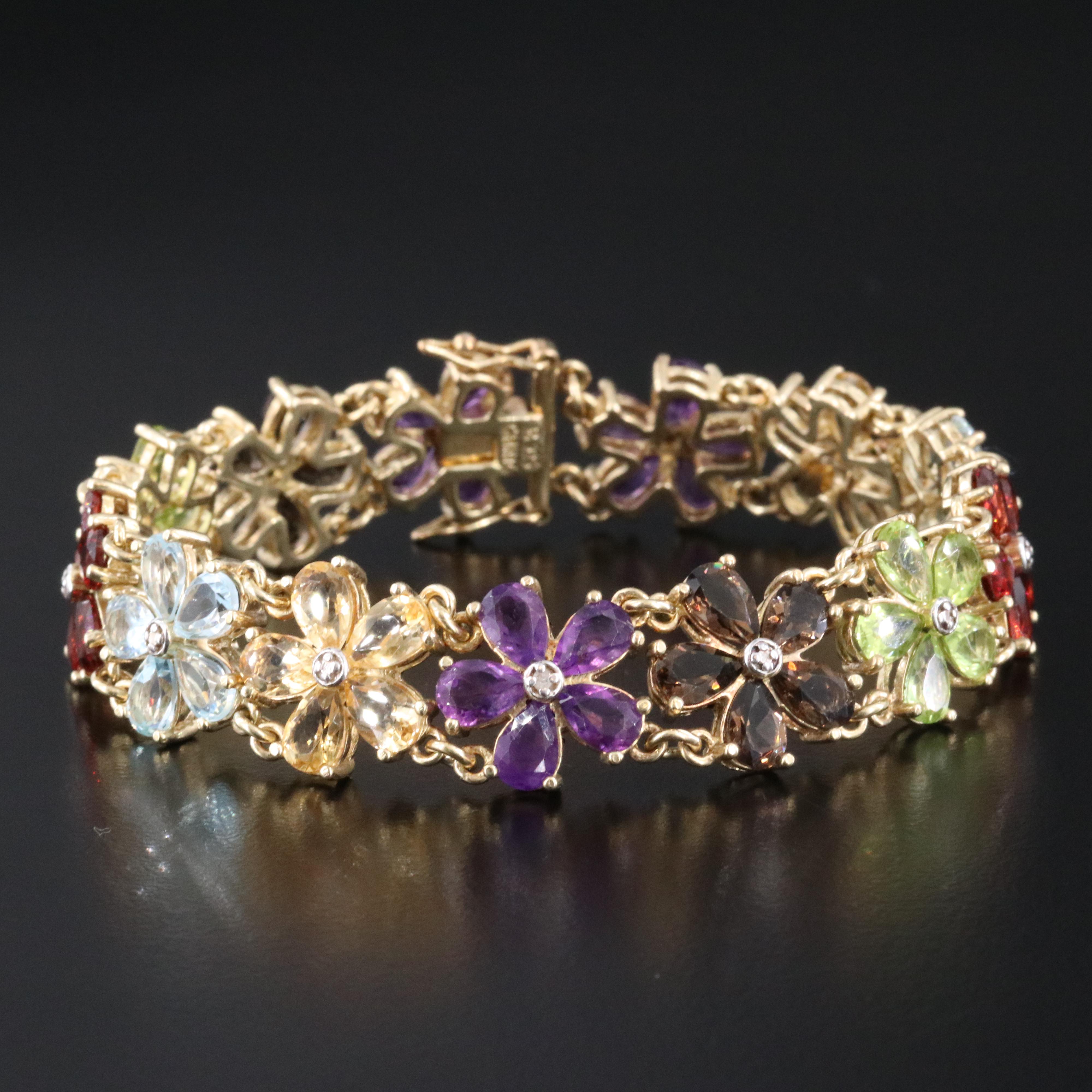 Sterling Gemstone and Diamond Flower Bracelet