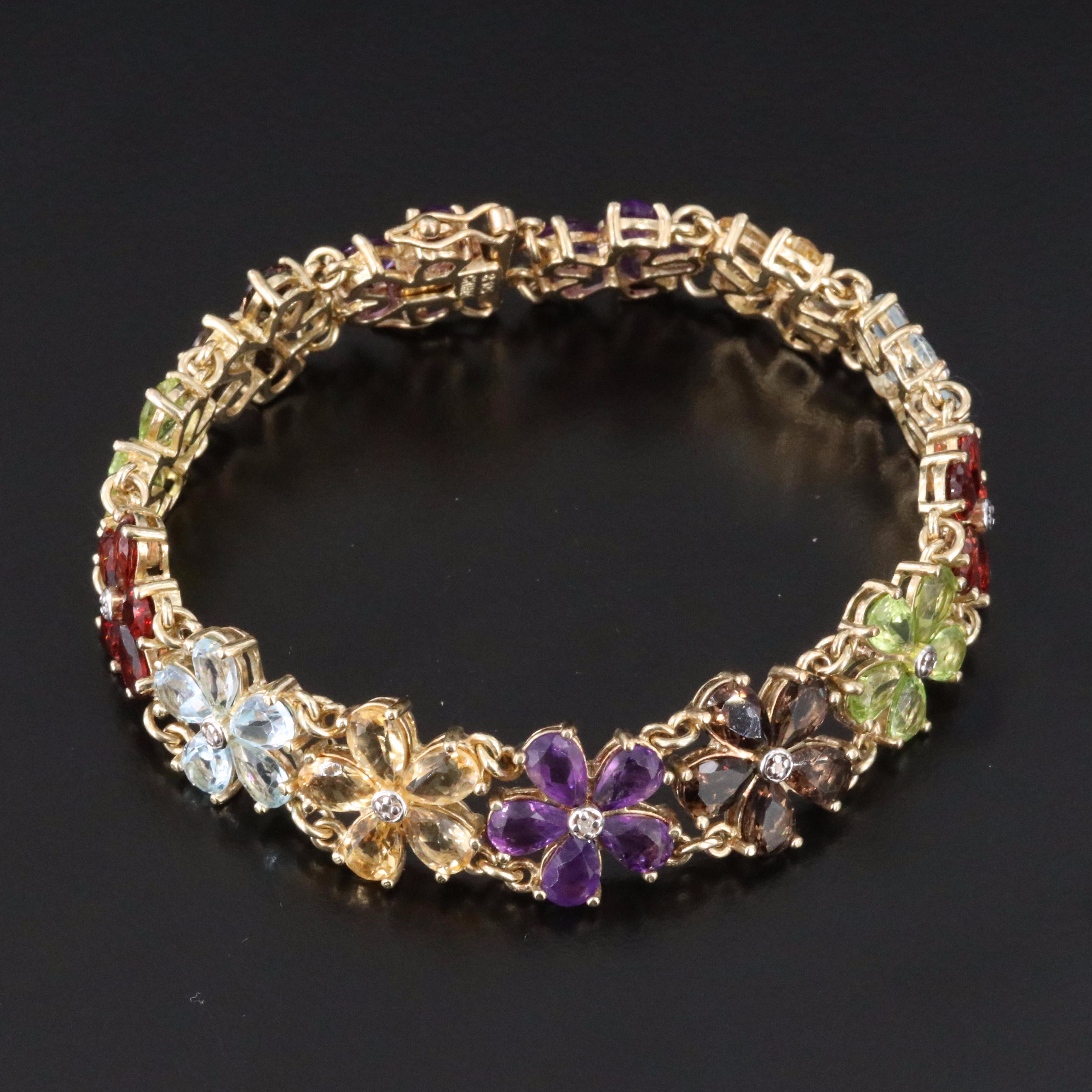 Sterling Gemstone and Diamond Flower Bracelet