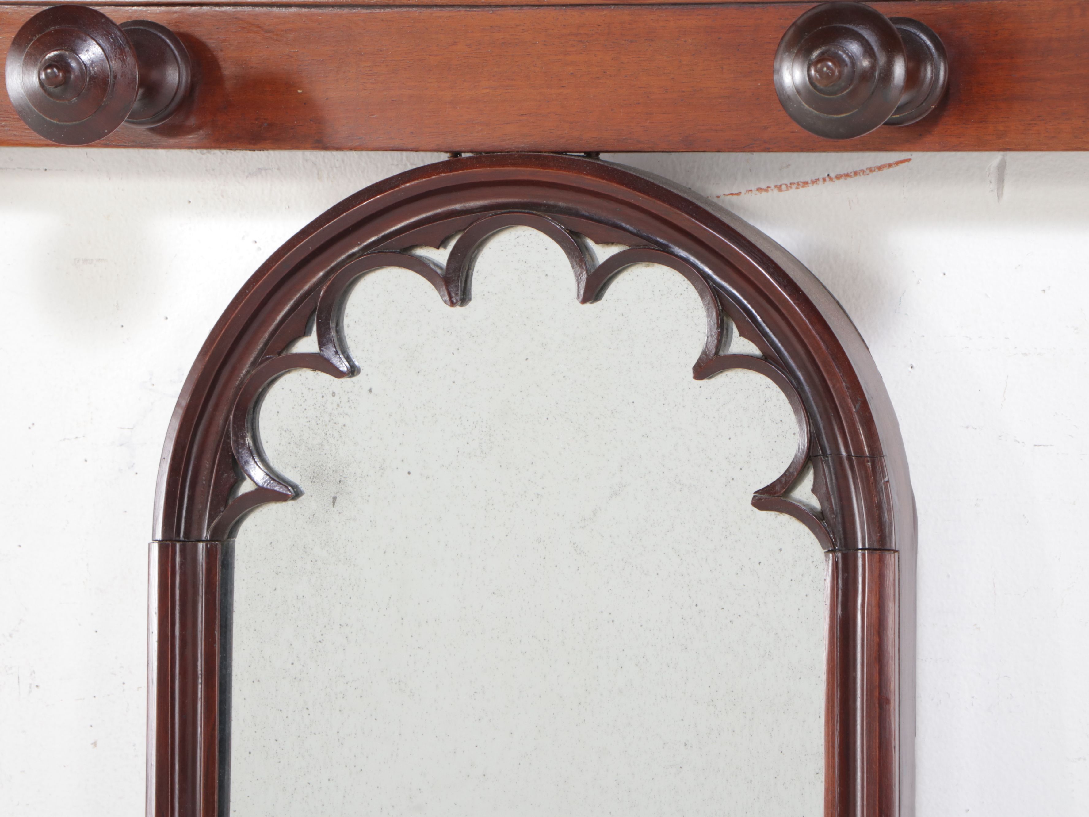 Gothic Revival Mahogany Framed Wall Mirror with Coat Hooks