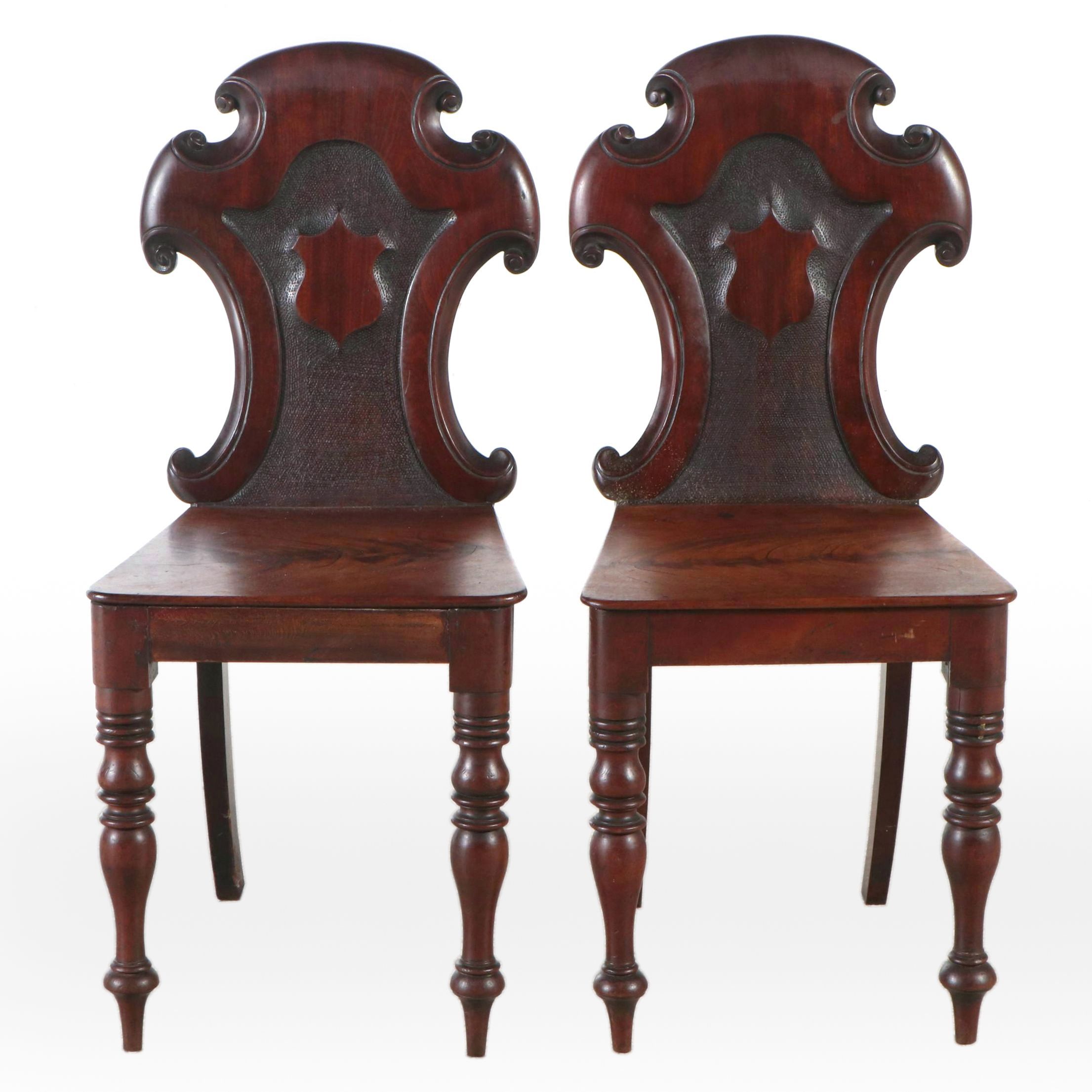 Pair of William IV Mahogany Hall Chairs, 19th Century