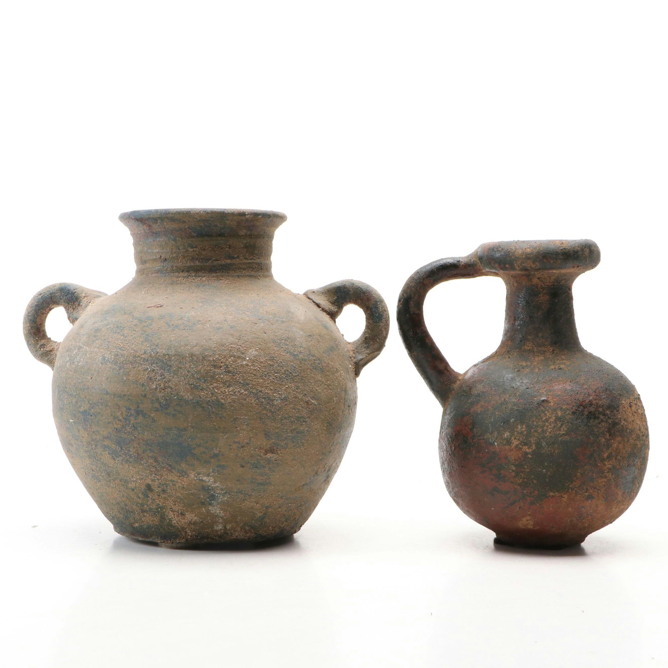 Primitive Style Handled Earthenware Amphora Jugs