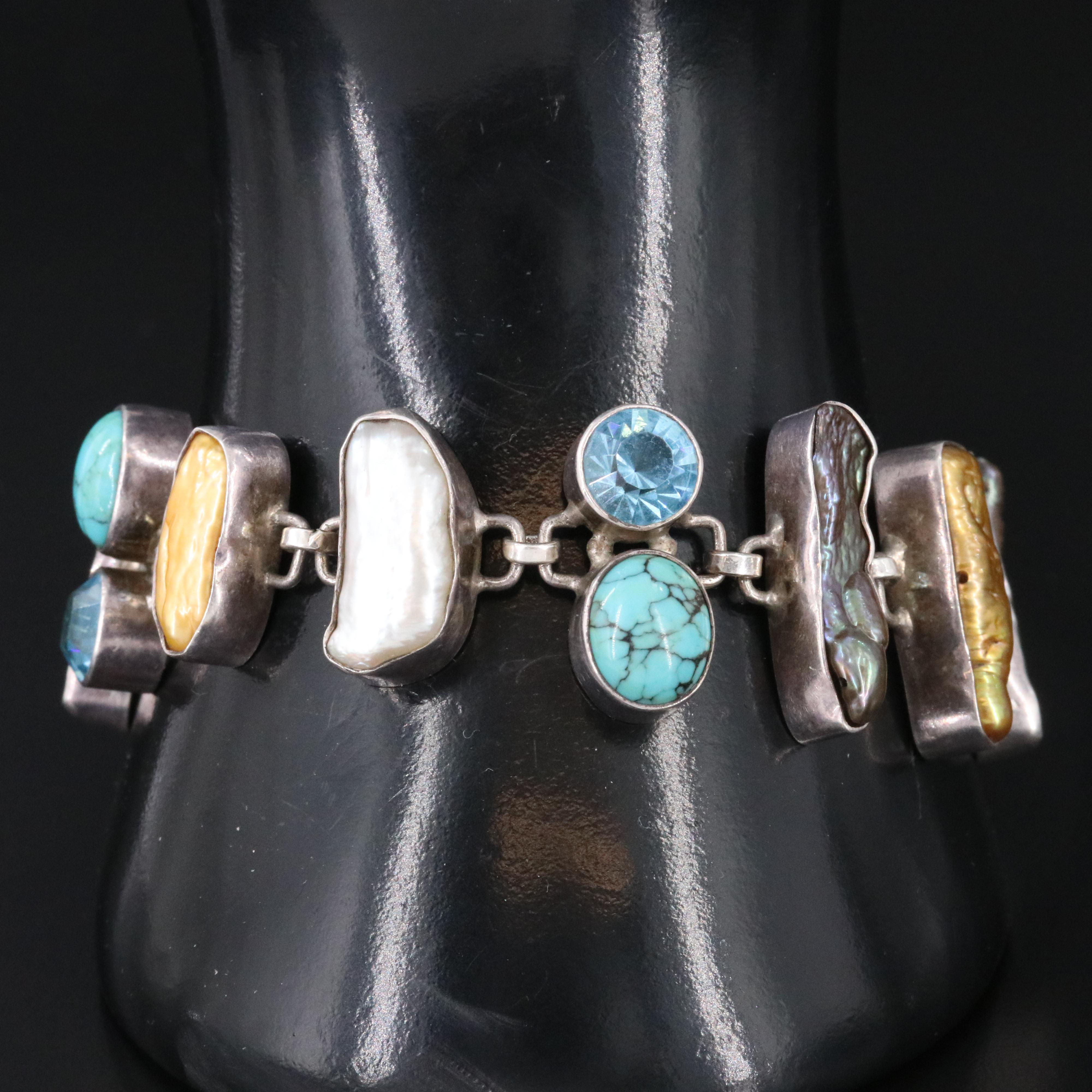Sterling Pearl, Turquoise and Rhinestone Bracelet
