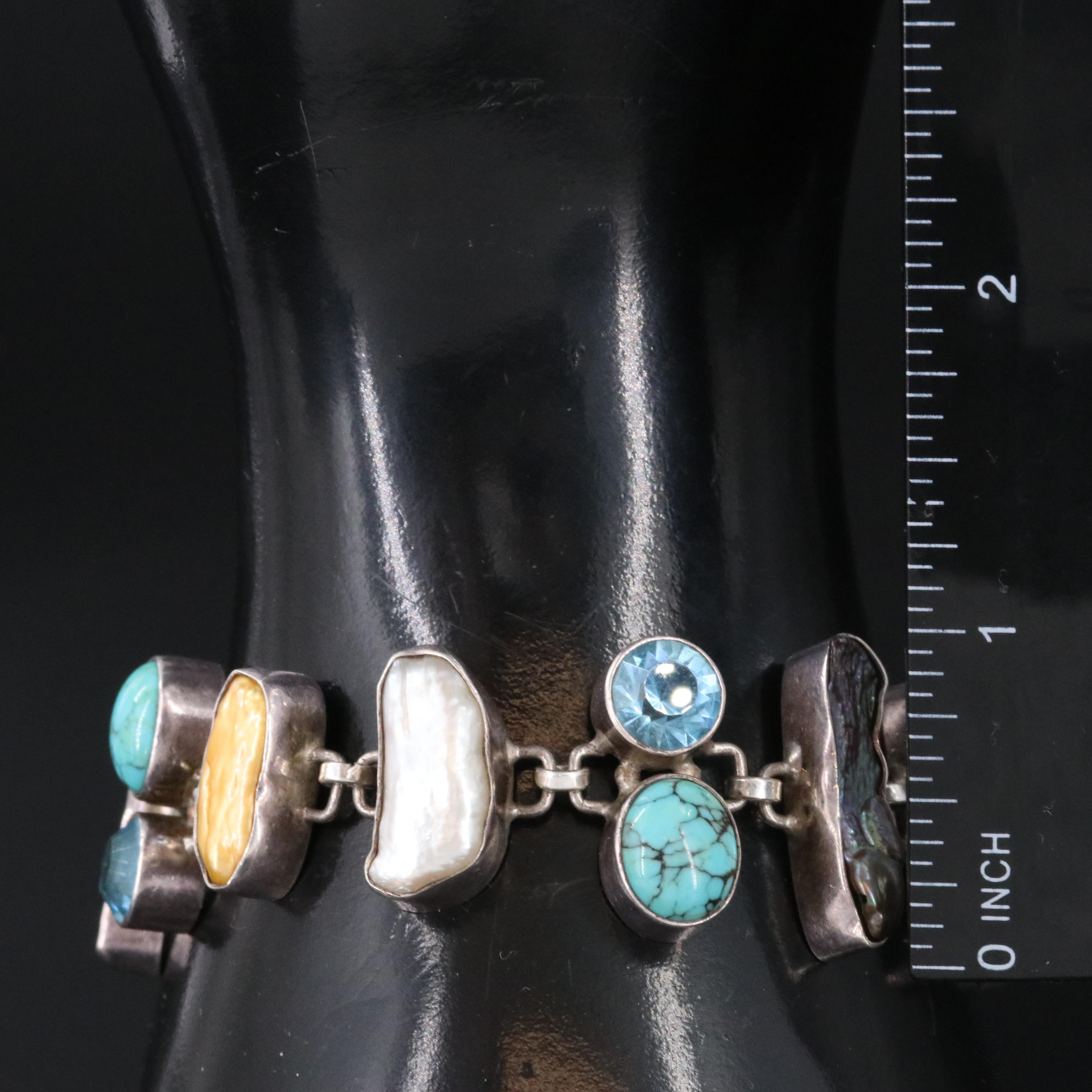 Sterling Pearl, Turquoise and Rhinestone Bracelet