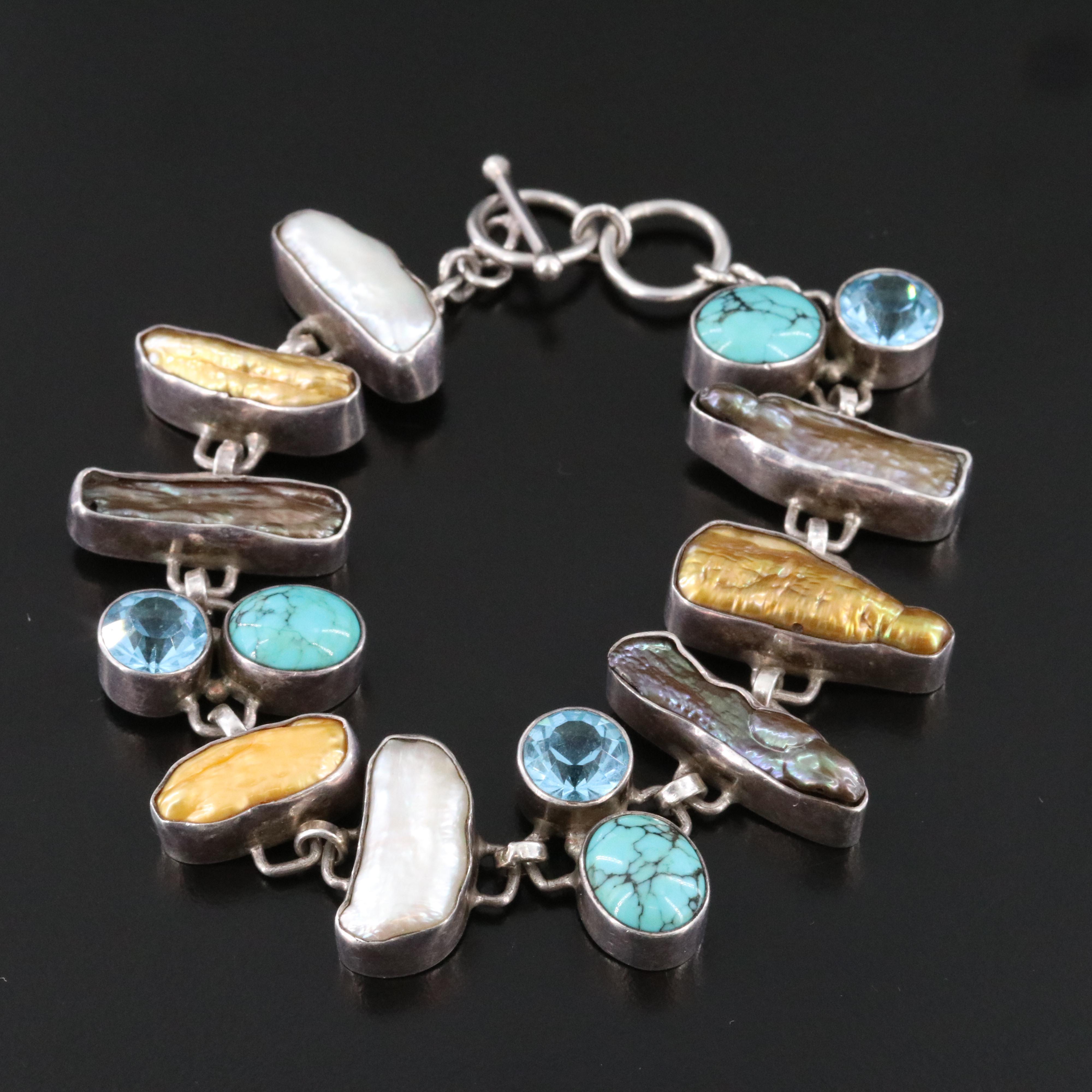 Sterling Pearl, Turquoise and Rhinestone Bracelet