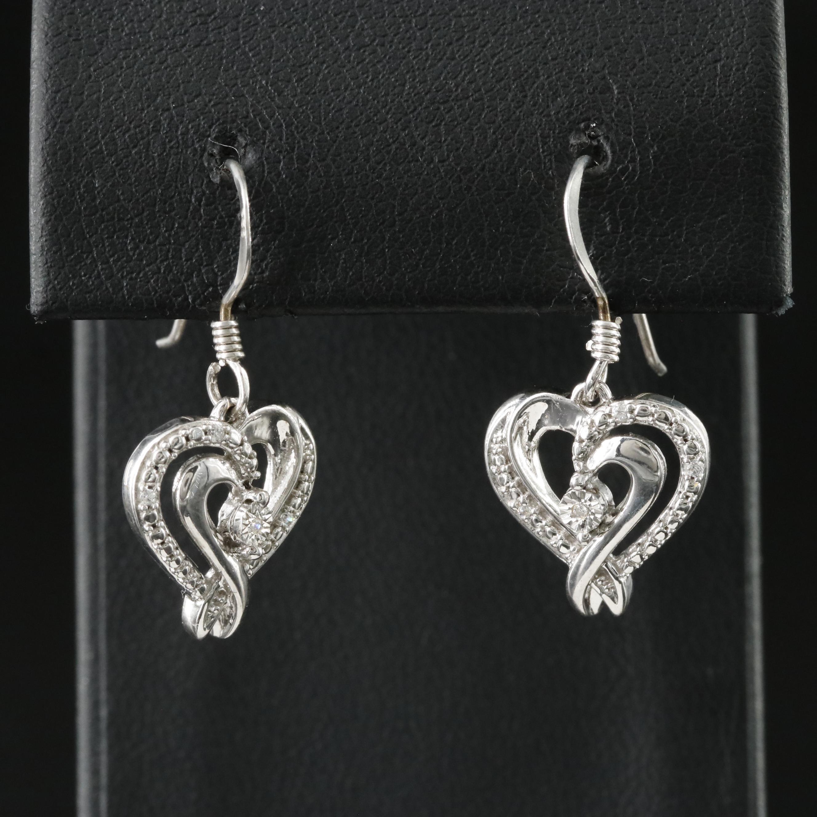 Sterling Heart Pendant Earrings with Diamond Accents