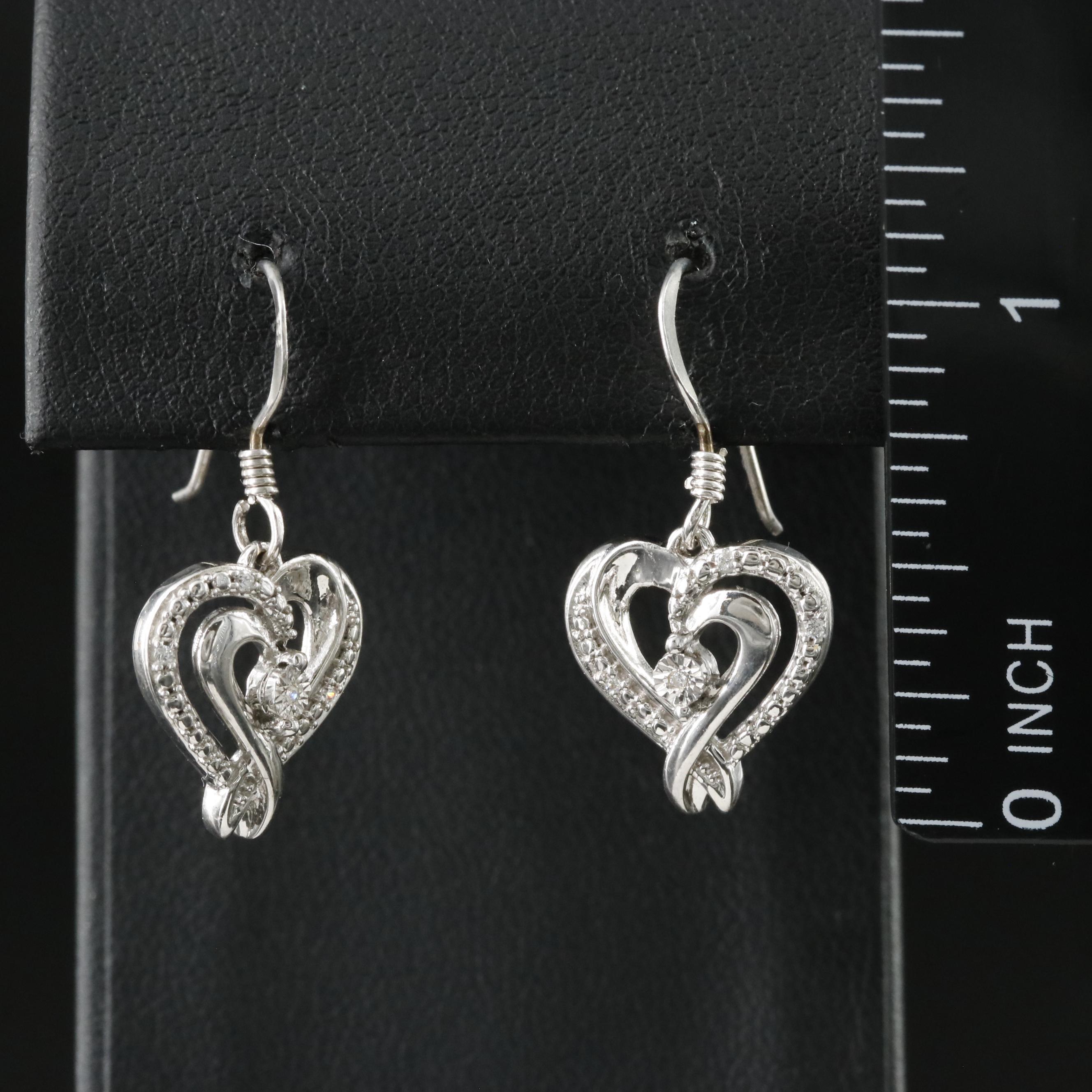 Sterling Heart Pendant Earrings with Diamond Accents