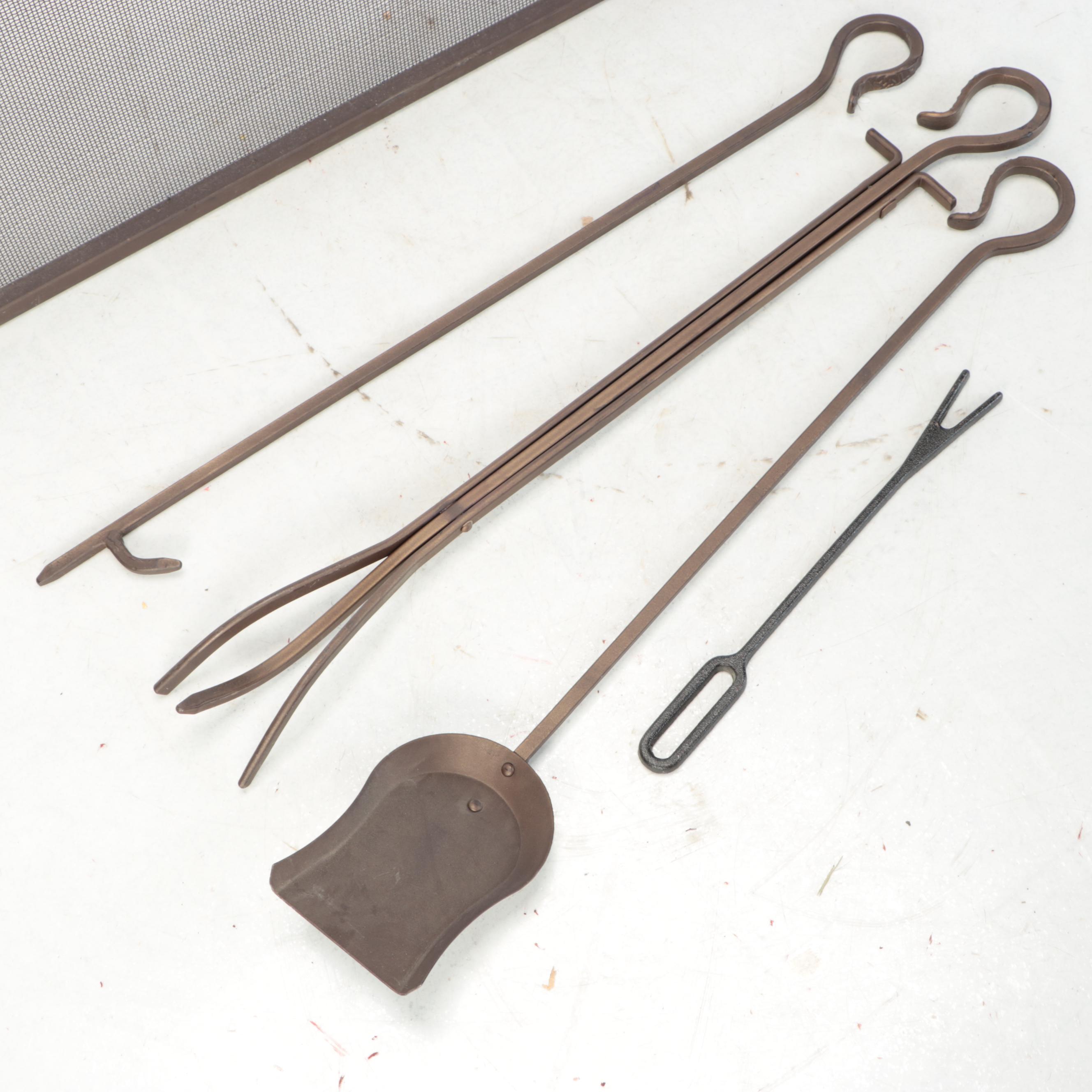 Metal Fireplace Screen and Fireplace Tools