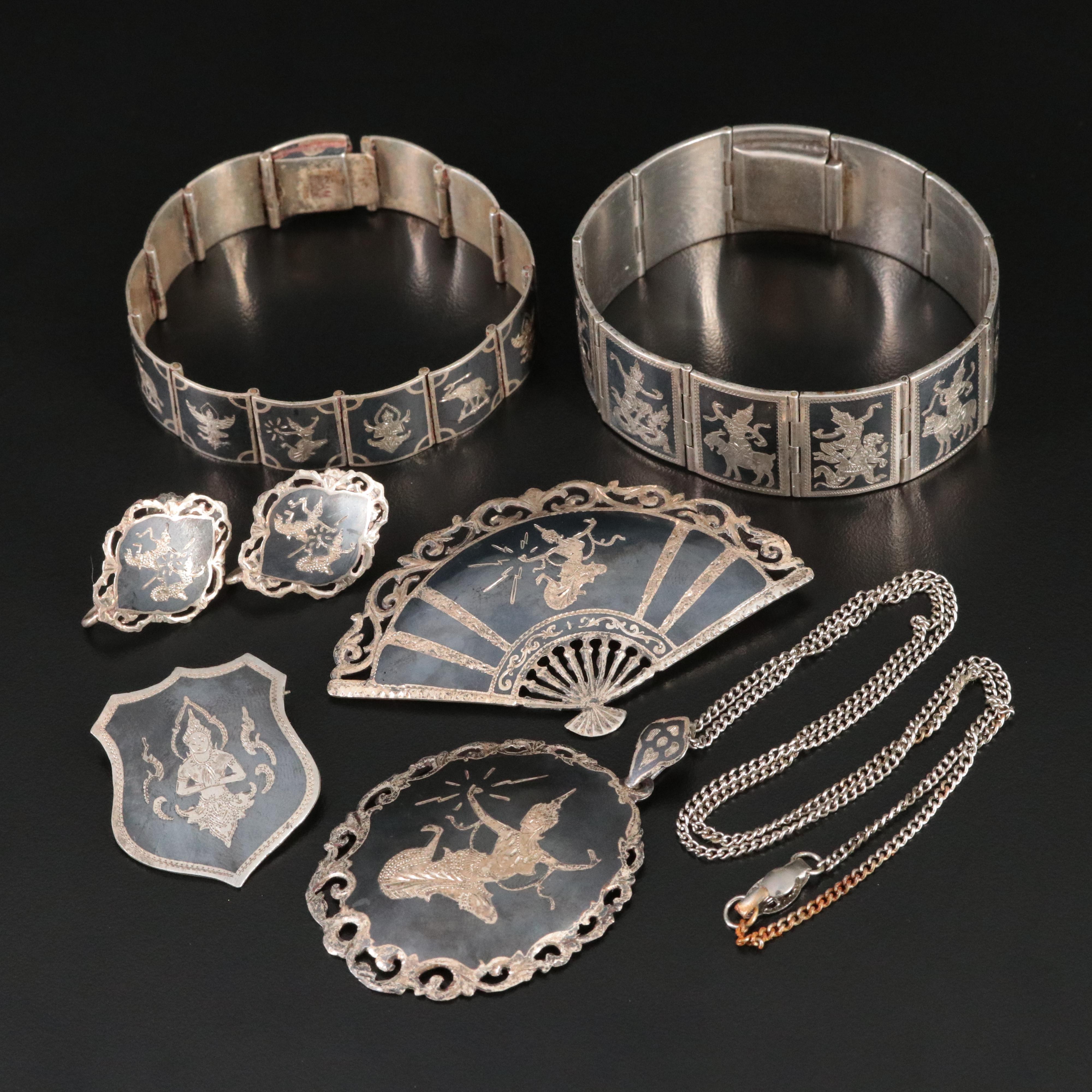 Vintage Collection of Siam Sterling Niello Jewelry