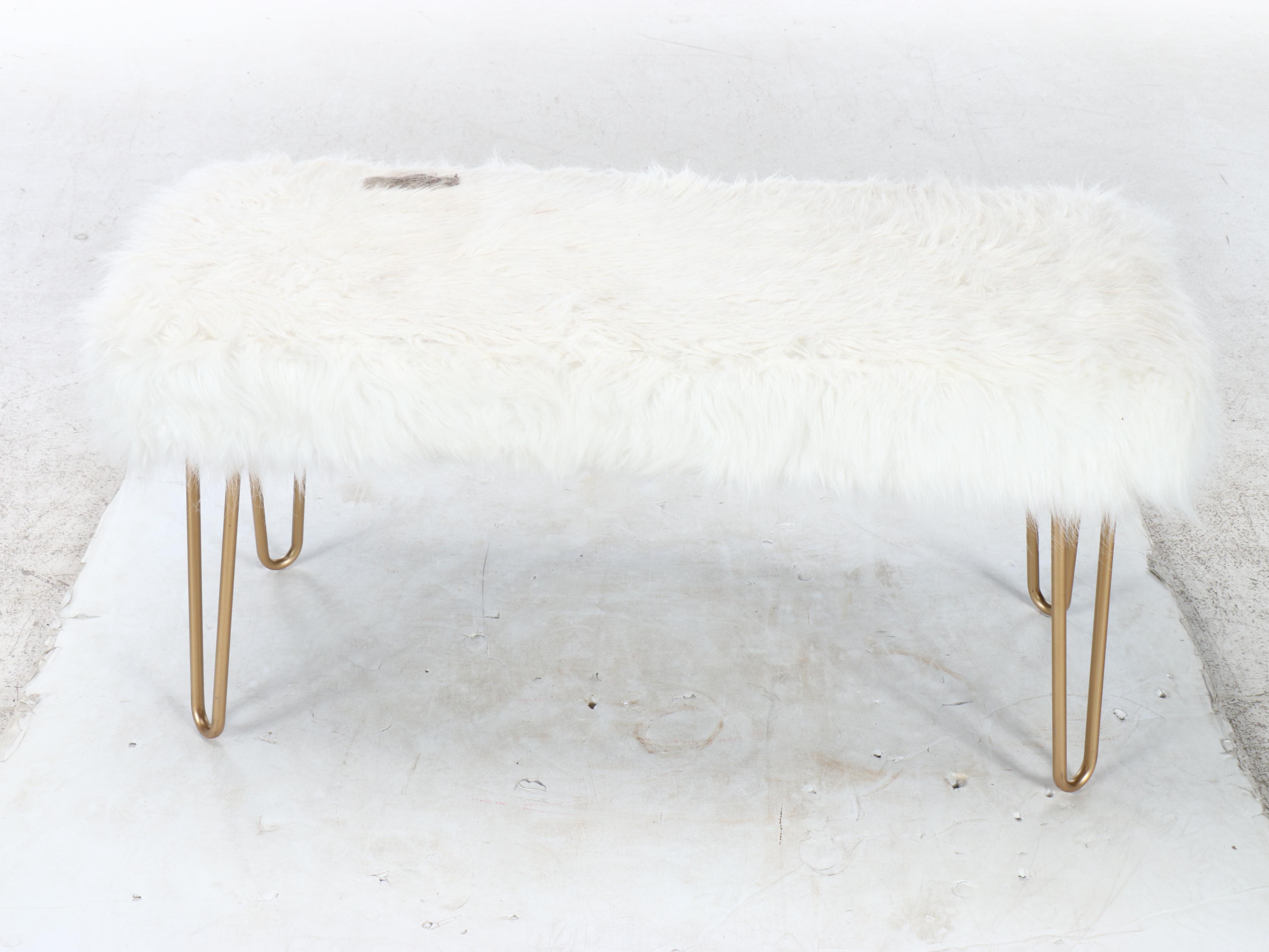 Contemporary Faux Fur and Gilt Metal Bench