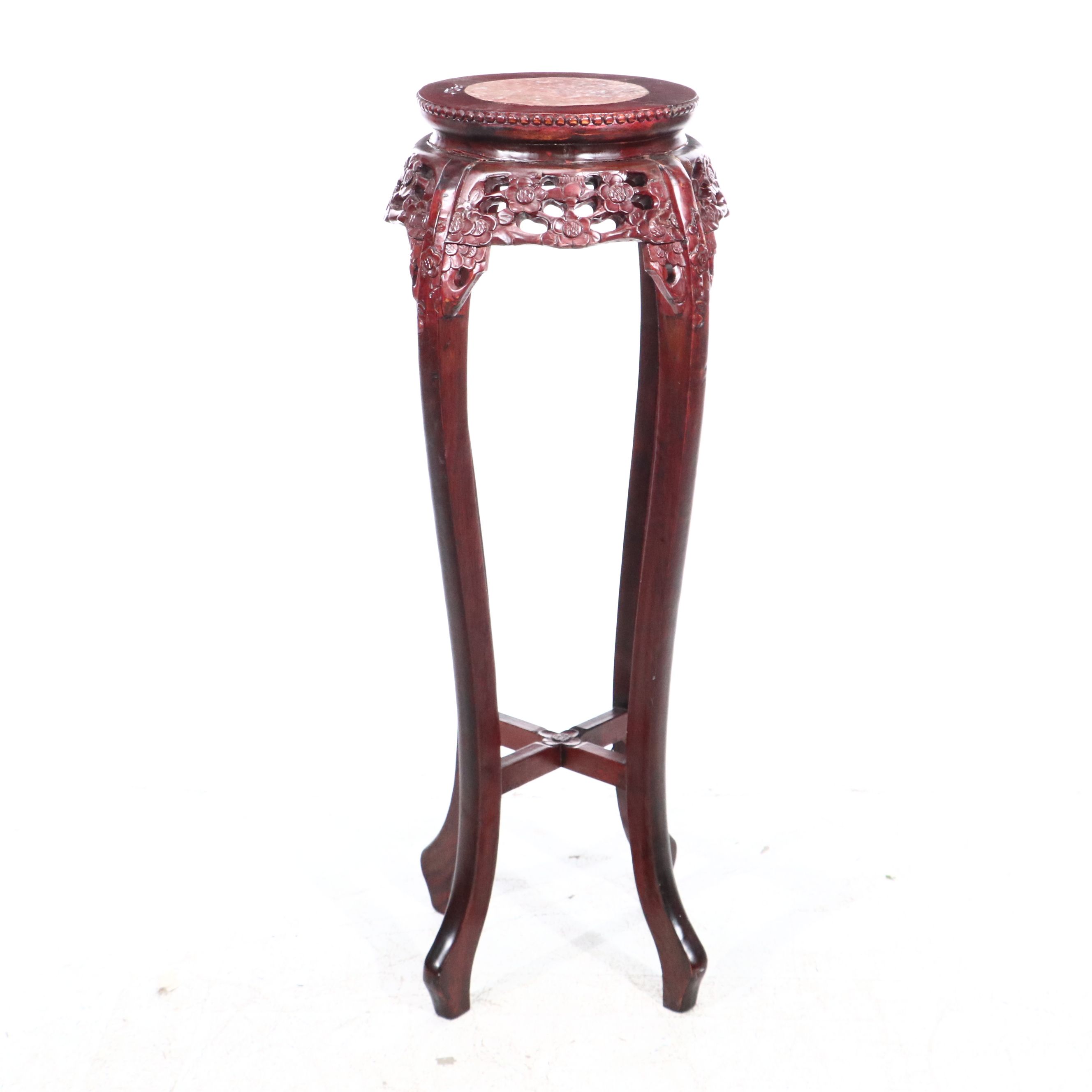 Carved Wood and Inlaid Marble End Table