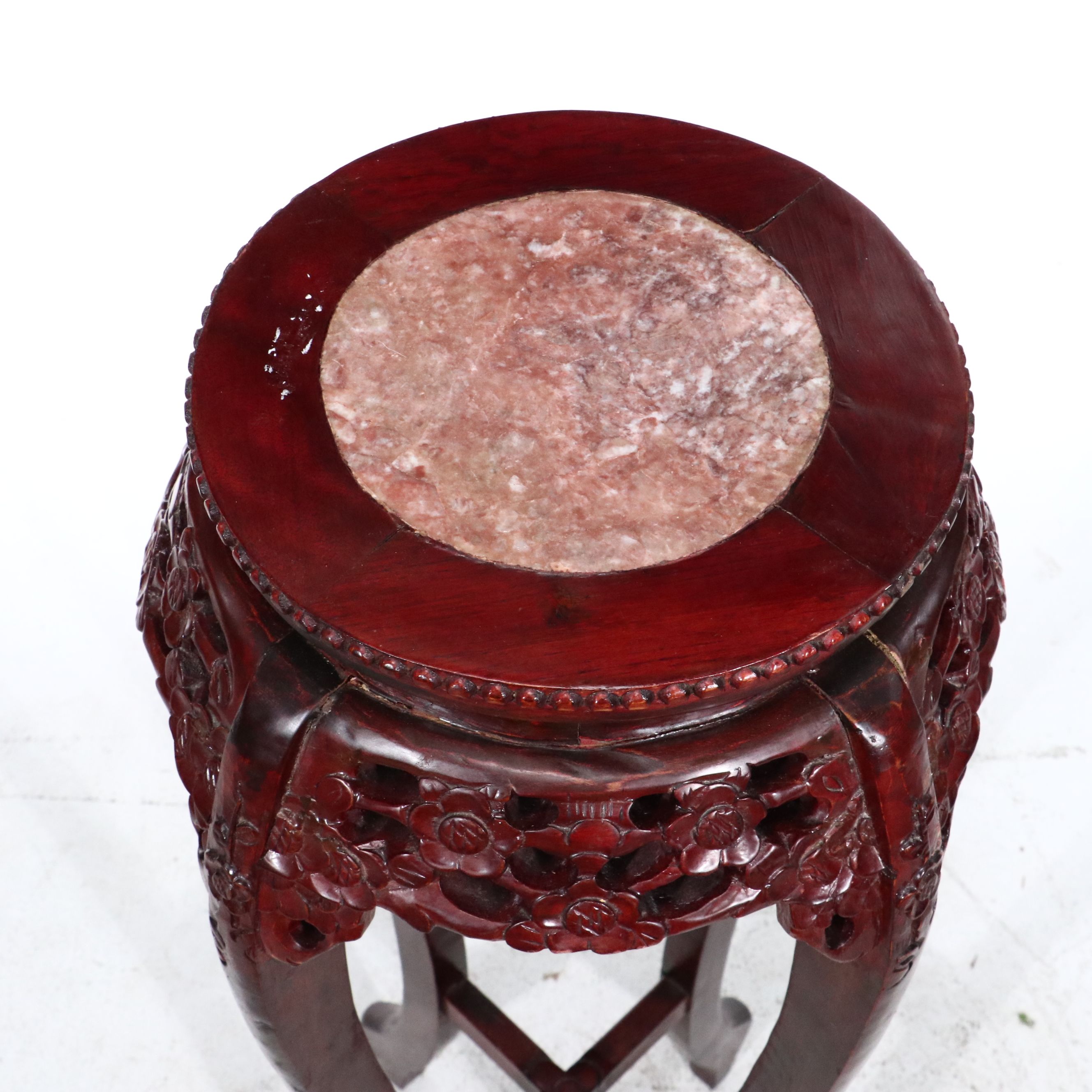 Carved Wood and Inlaid Marble End Table