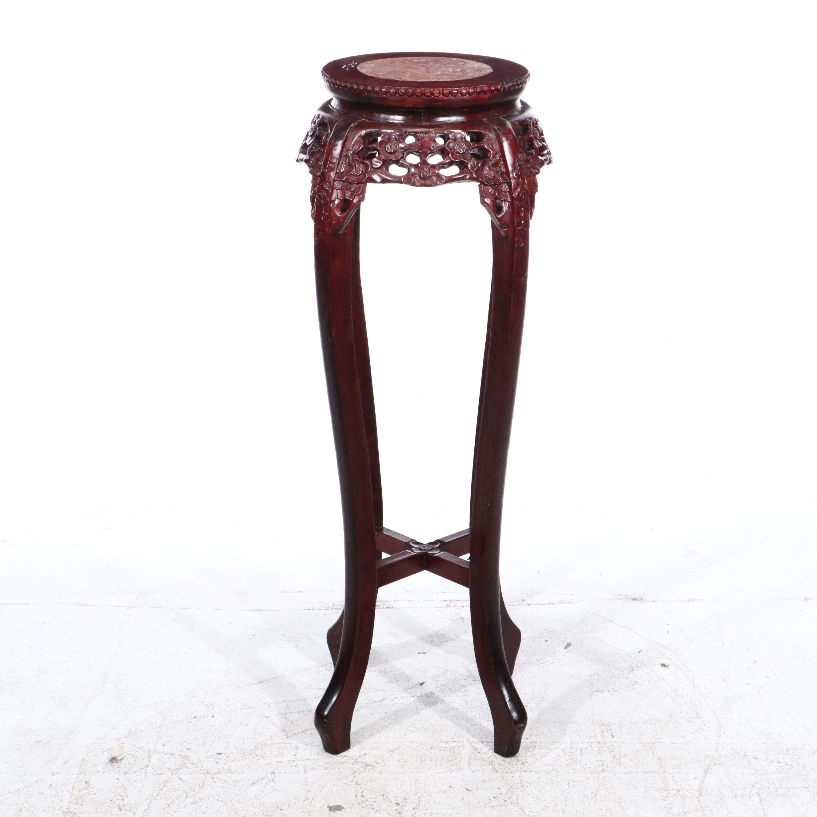 Carved Wood and Inlaid Marble End Table