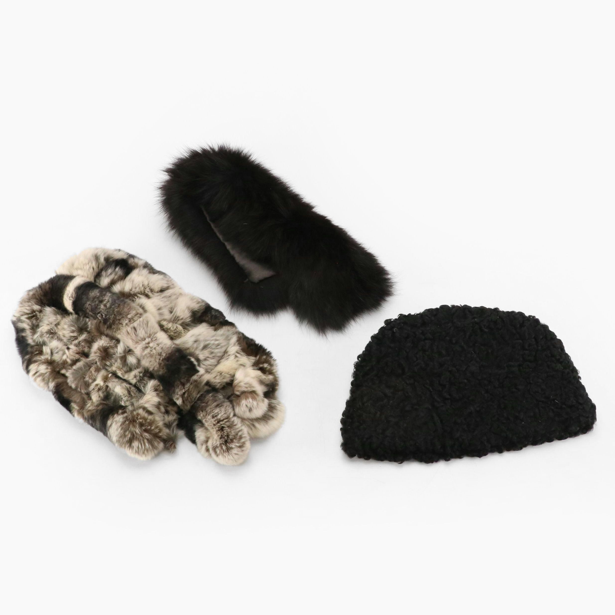 Chinchilla Fur Scarf, Black Fox Fur Collar and Curly Lamb Fur Cap