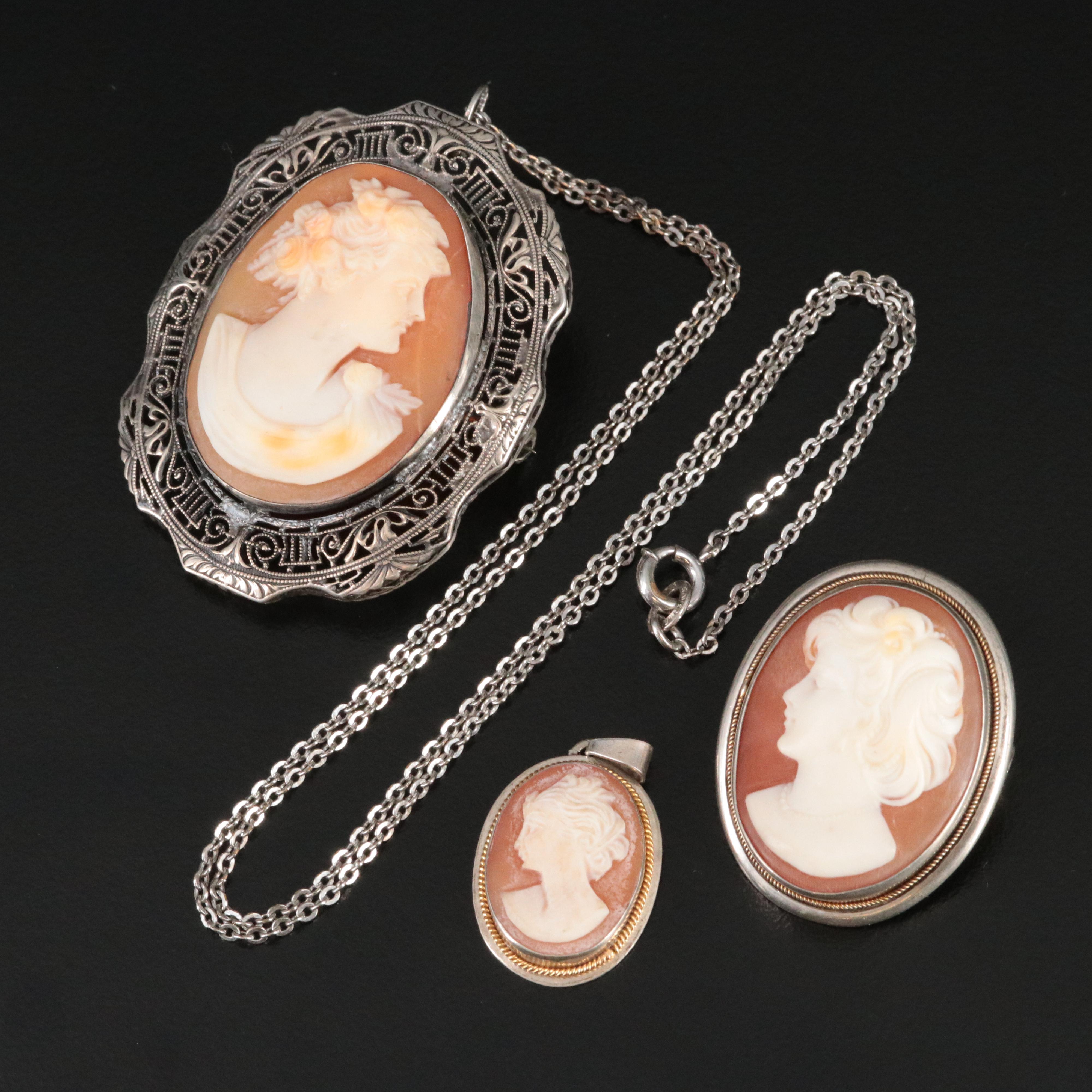 800 Silver Cameo Pendant and Converter Brooches in 900 and Sterling Silver