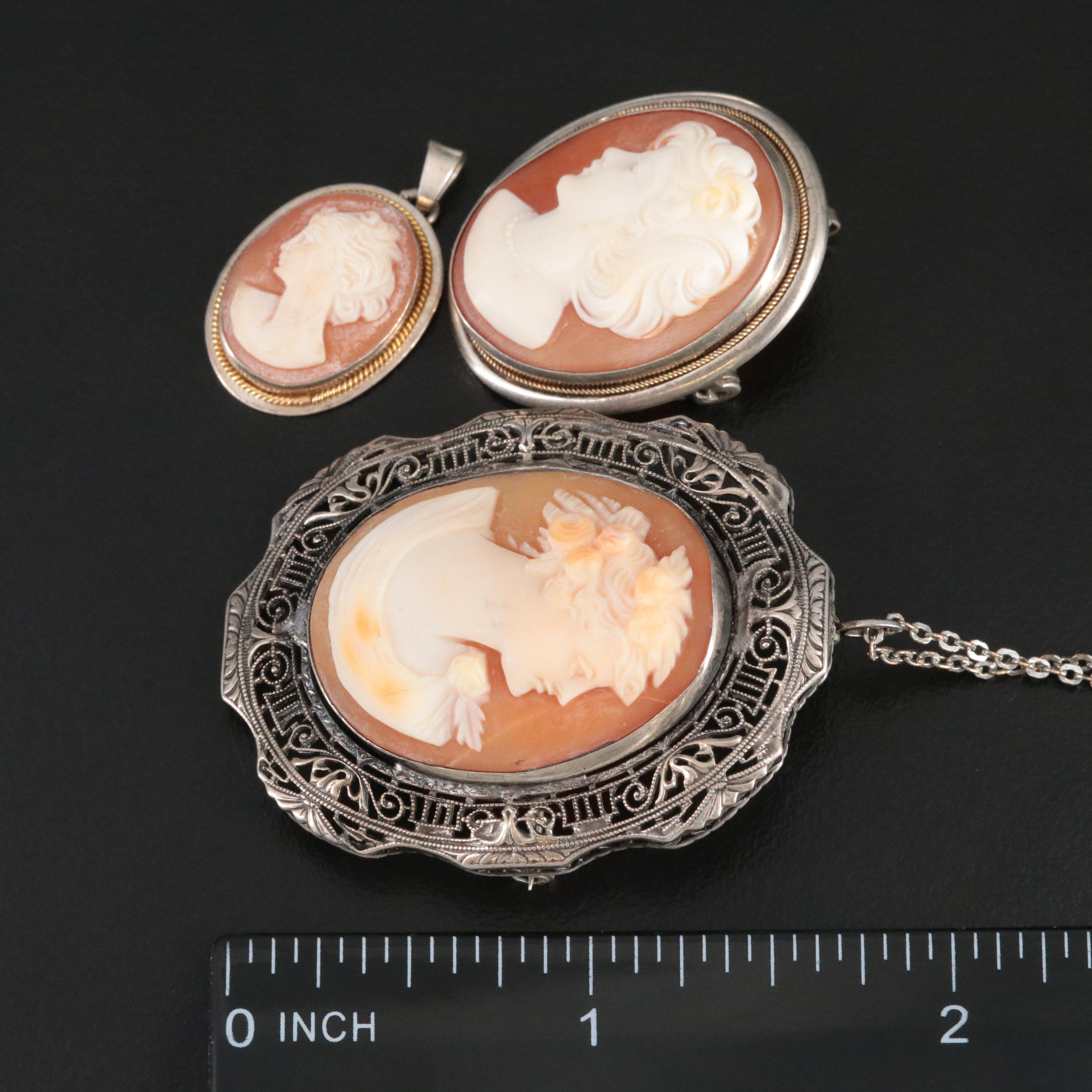 800 Silver Cameo Pendant and Converter Brooches in 900 and Sterling Silver