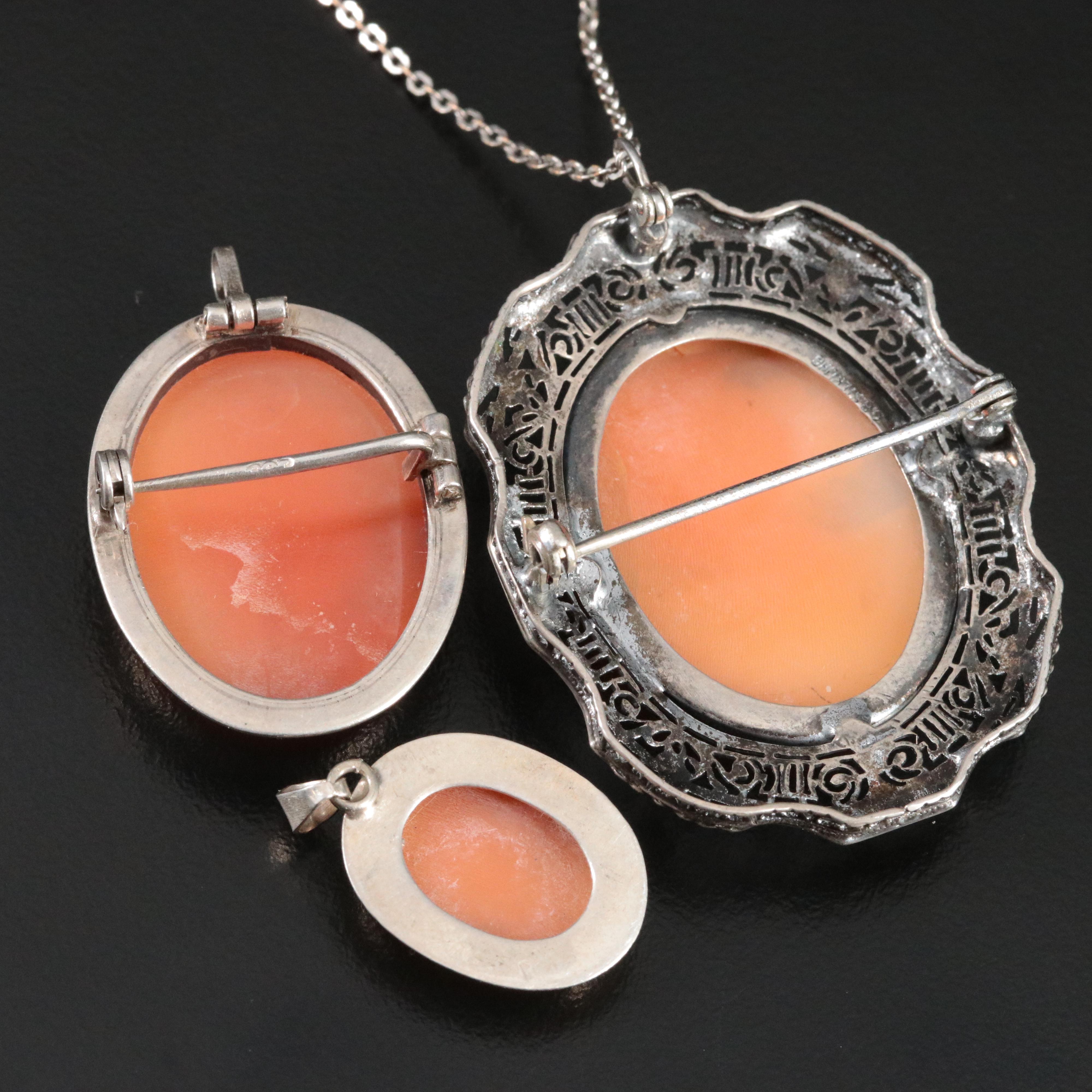 800 Silver Cameo Pendant and Converter Brooches in 900 and Sterling Silver