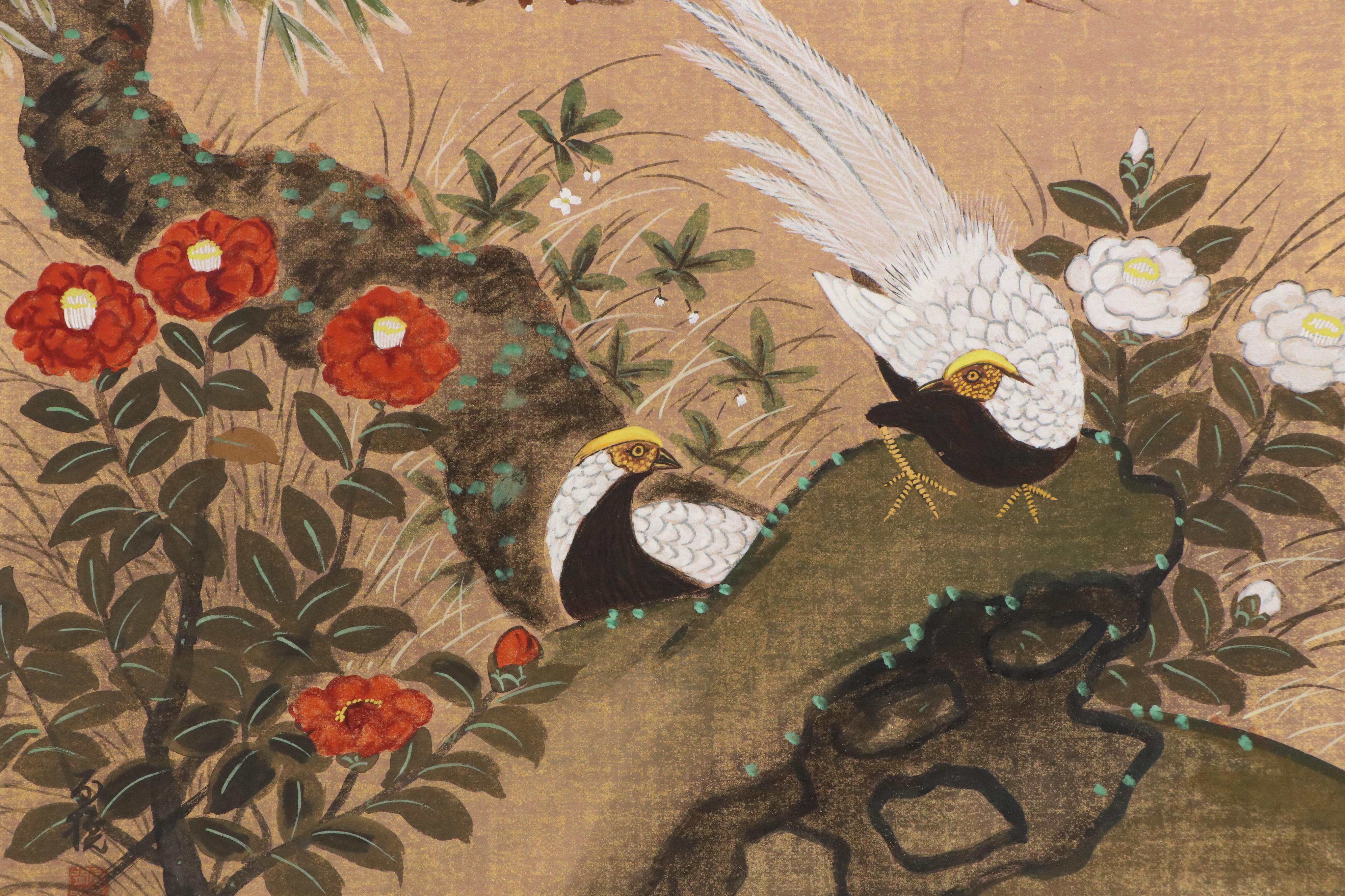 East Asian School Gouache Painting with Plum Blossoms and Pheasants