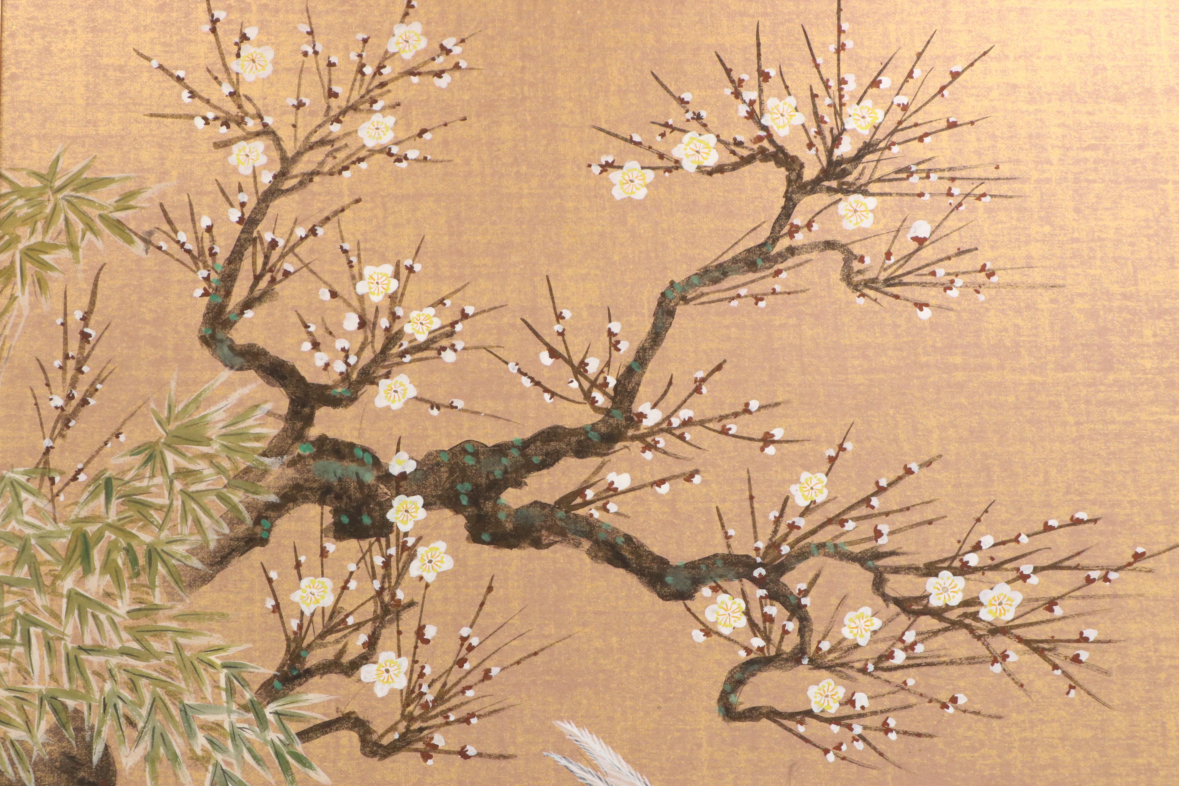 East Asian School Gouache Painting with Plum Blossoms and Pheasants