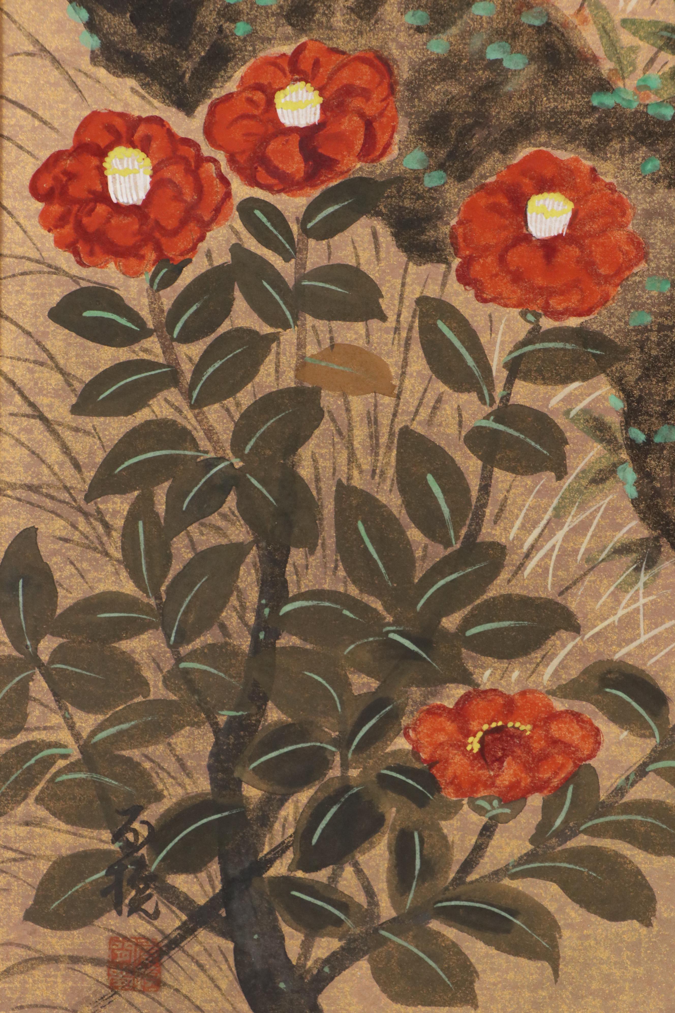 East Asian School Gouache Painting with Plum Blossoms and Pheasants