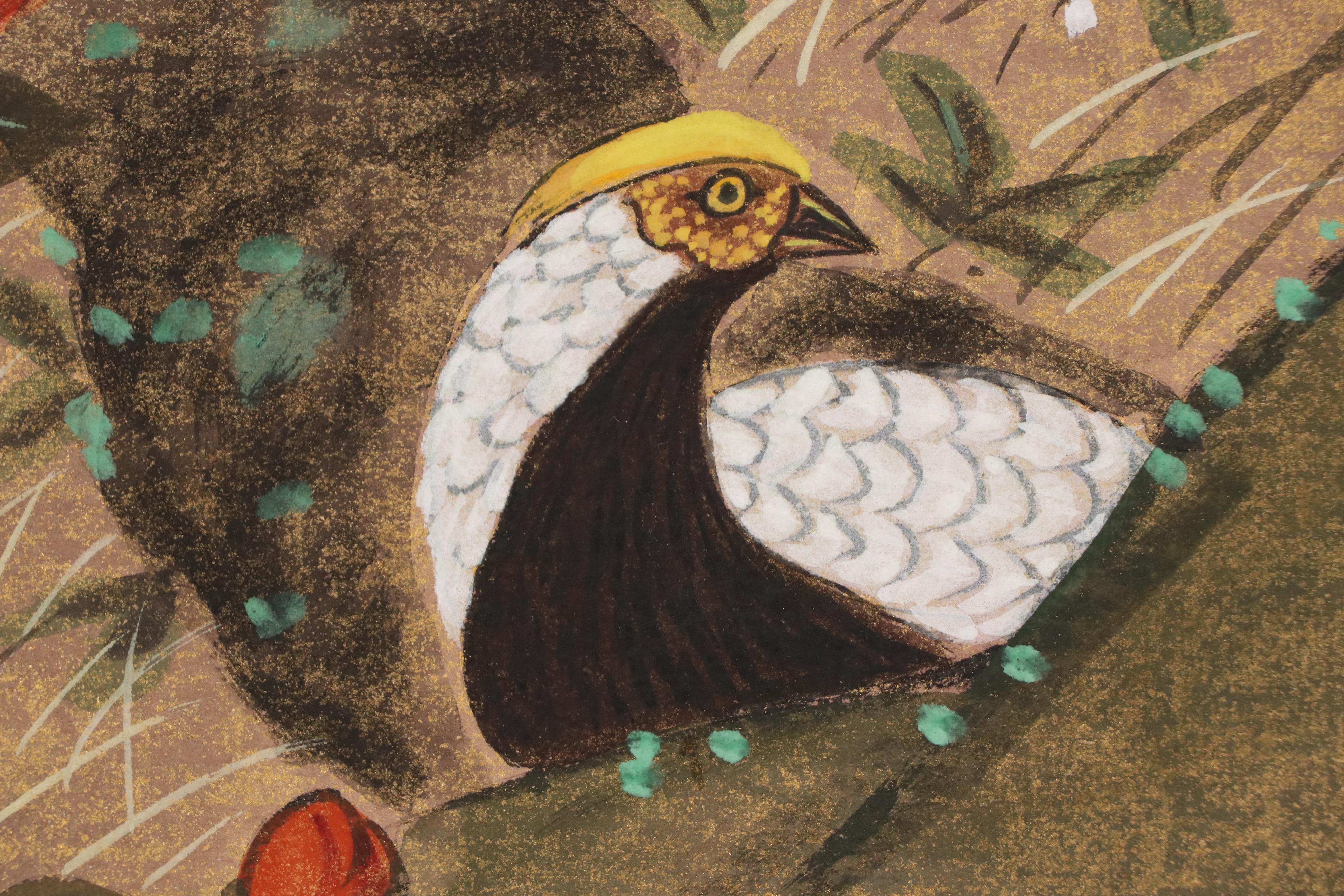 East Asian School Gouache Painting with Plum Blossoms and Pheasants