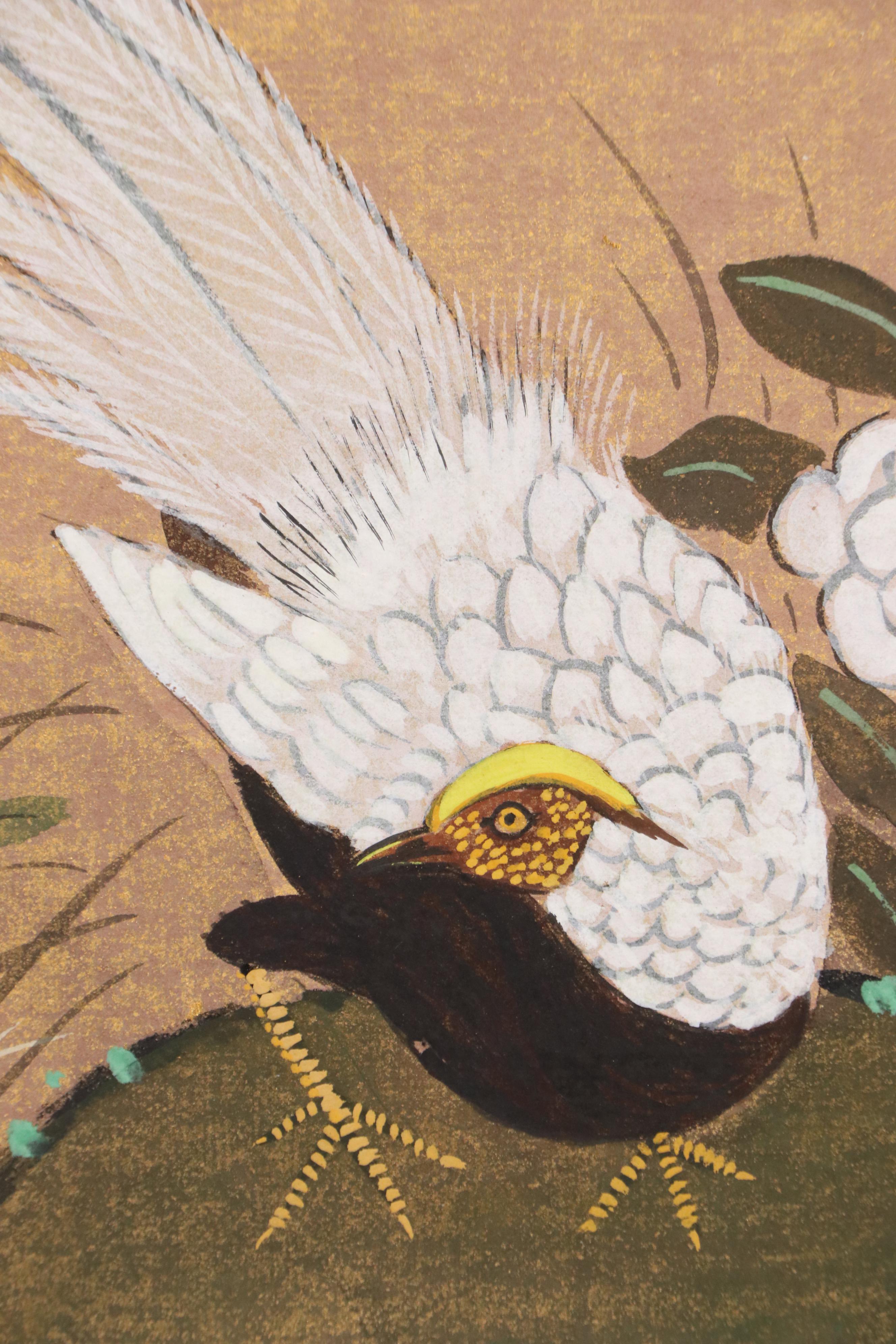 East Asian School Gouache Painting with Plum Blossoms and Pheasants