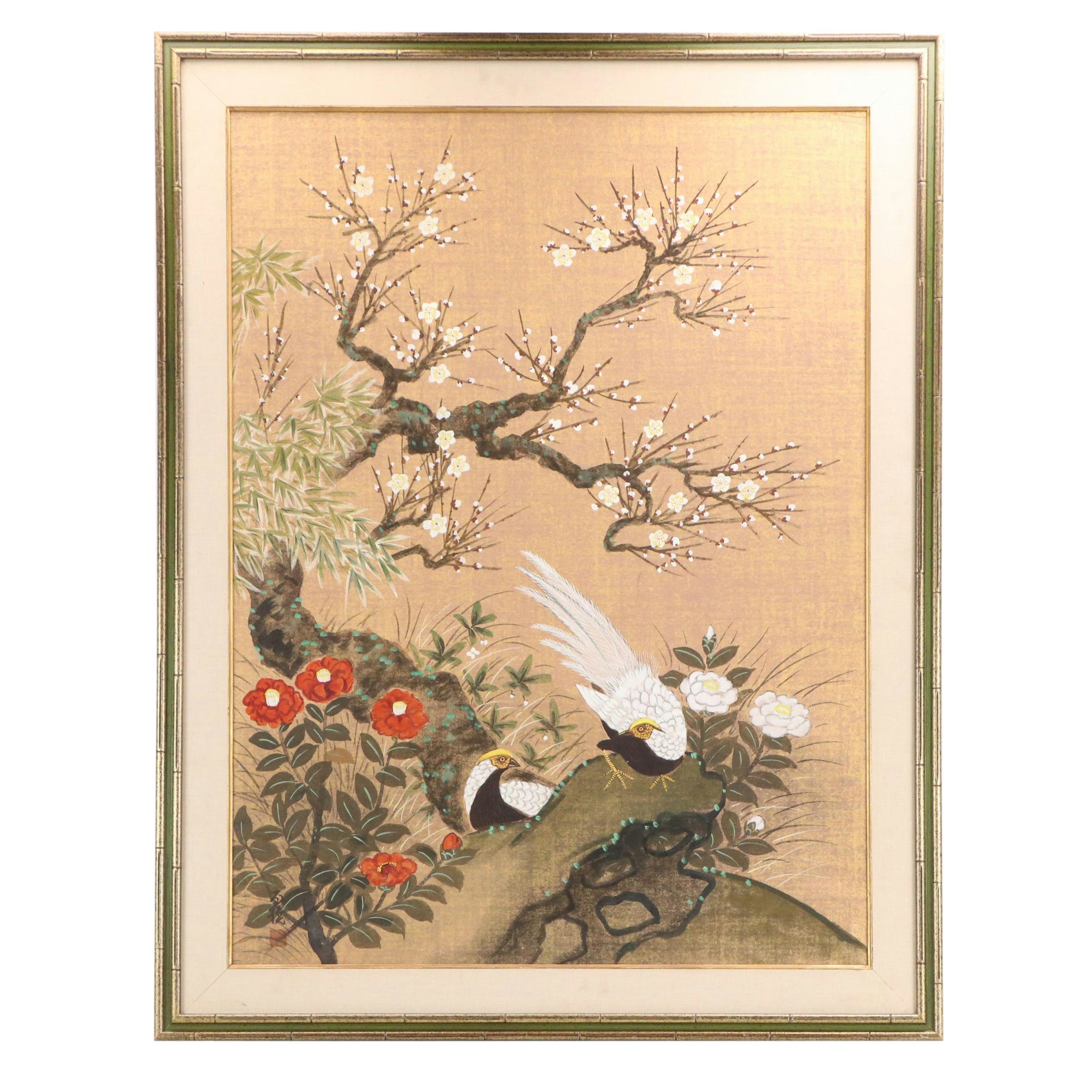 East Asian School Gouache Painting with Plum Blossoms and Pheasants