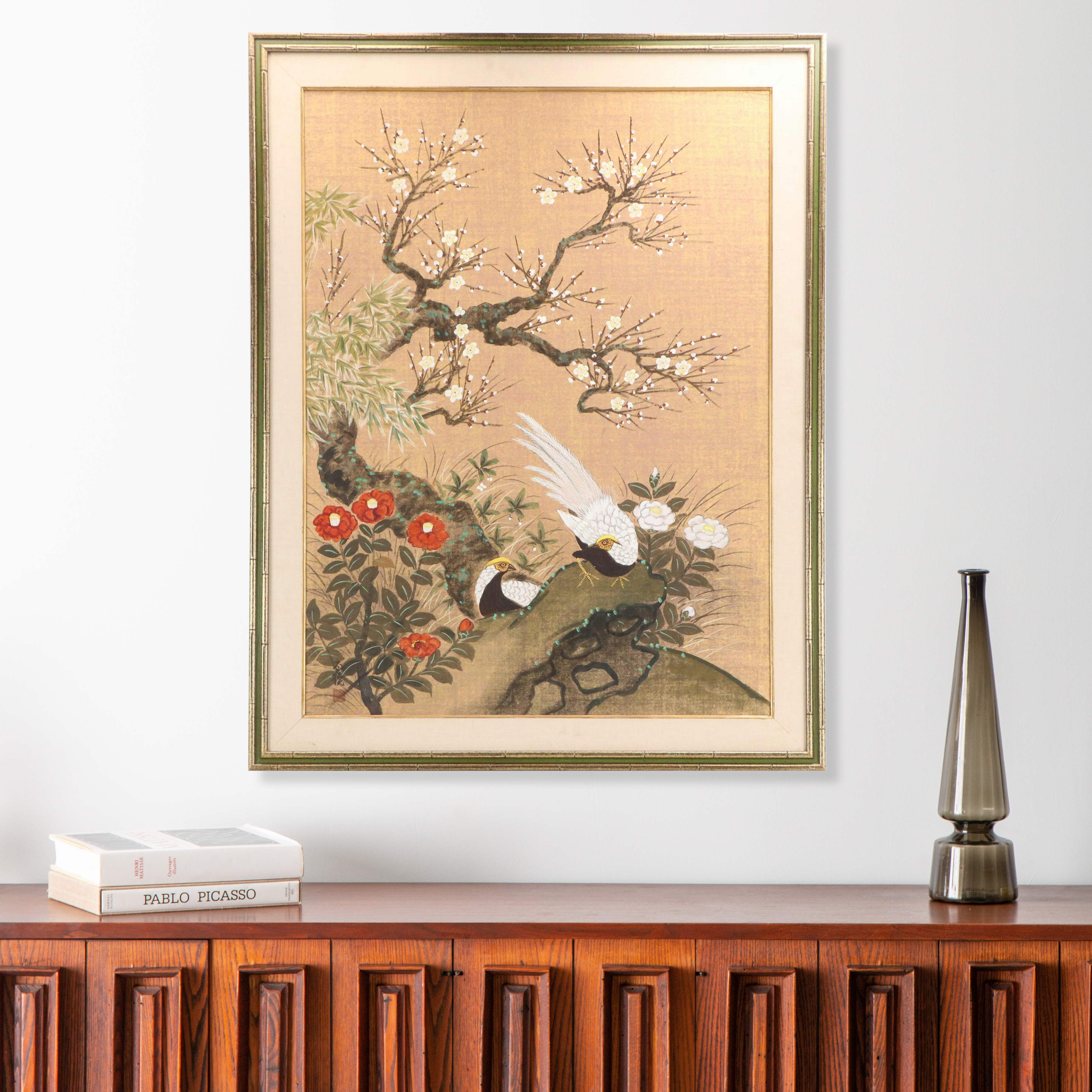 East Asian School Gouache Painting with Plum Blossoms and Pheasants