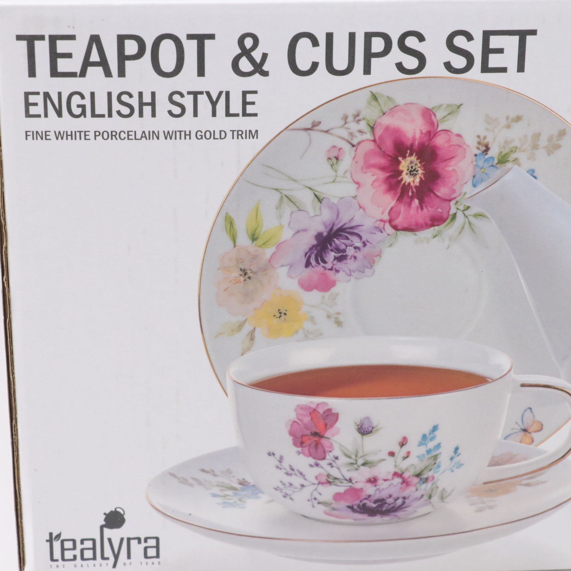 Tealyra English Style Gilt Floral Teapot and Teacups Set for Two