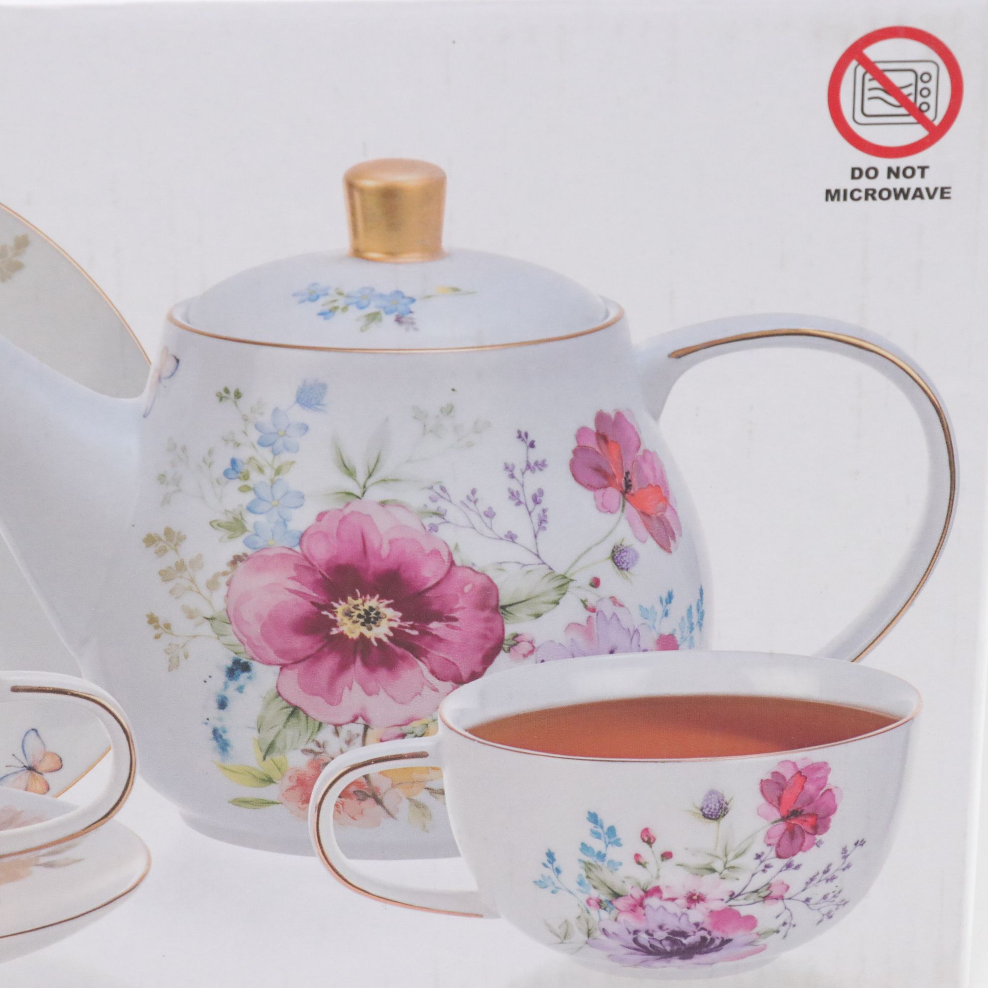 Tealyra English Style Gilt Floral Teapot and Teacups Set for Two