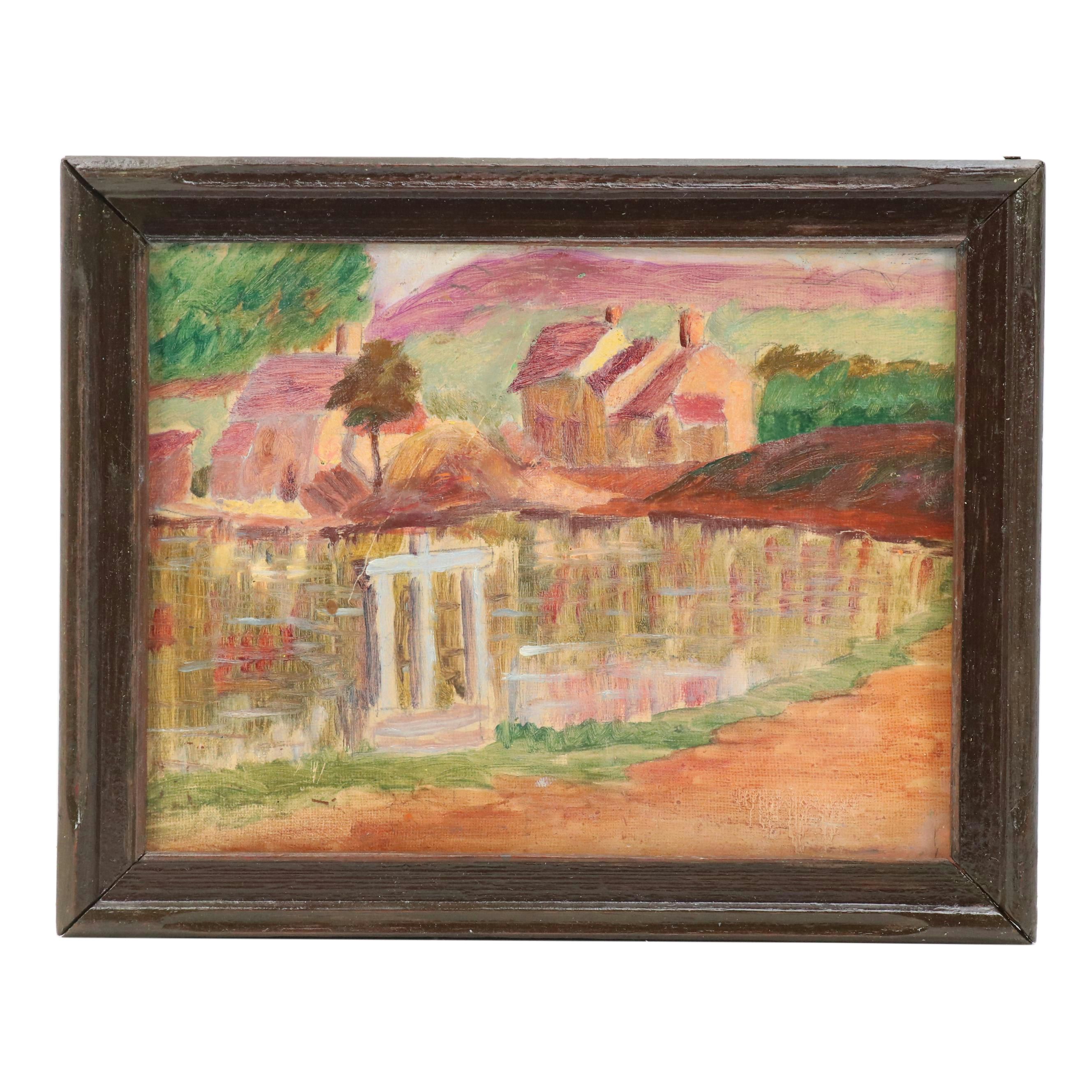 Attr. to Jeanne Reimbolt Countryside Landscape Oil Painting, Early 20th Century