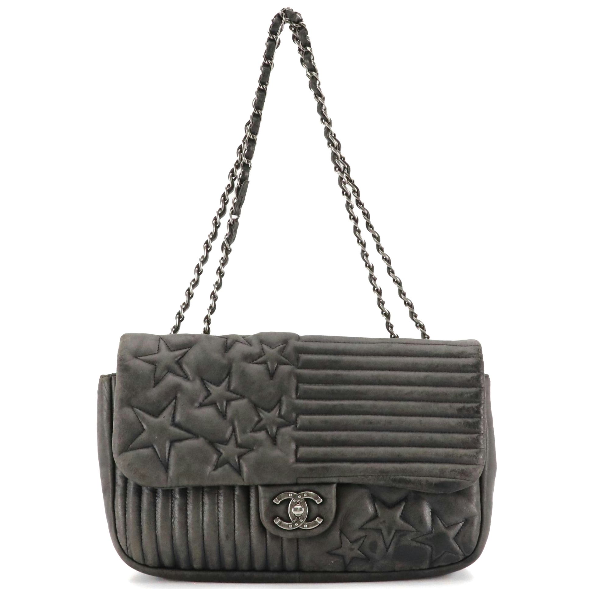 Chanel Paris Dallas Stars and Stripes Stitched Large Flap Bag in Gray Lambskin