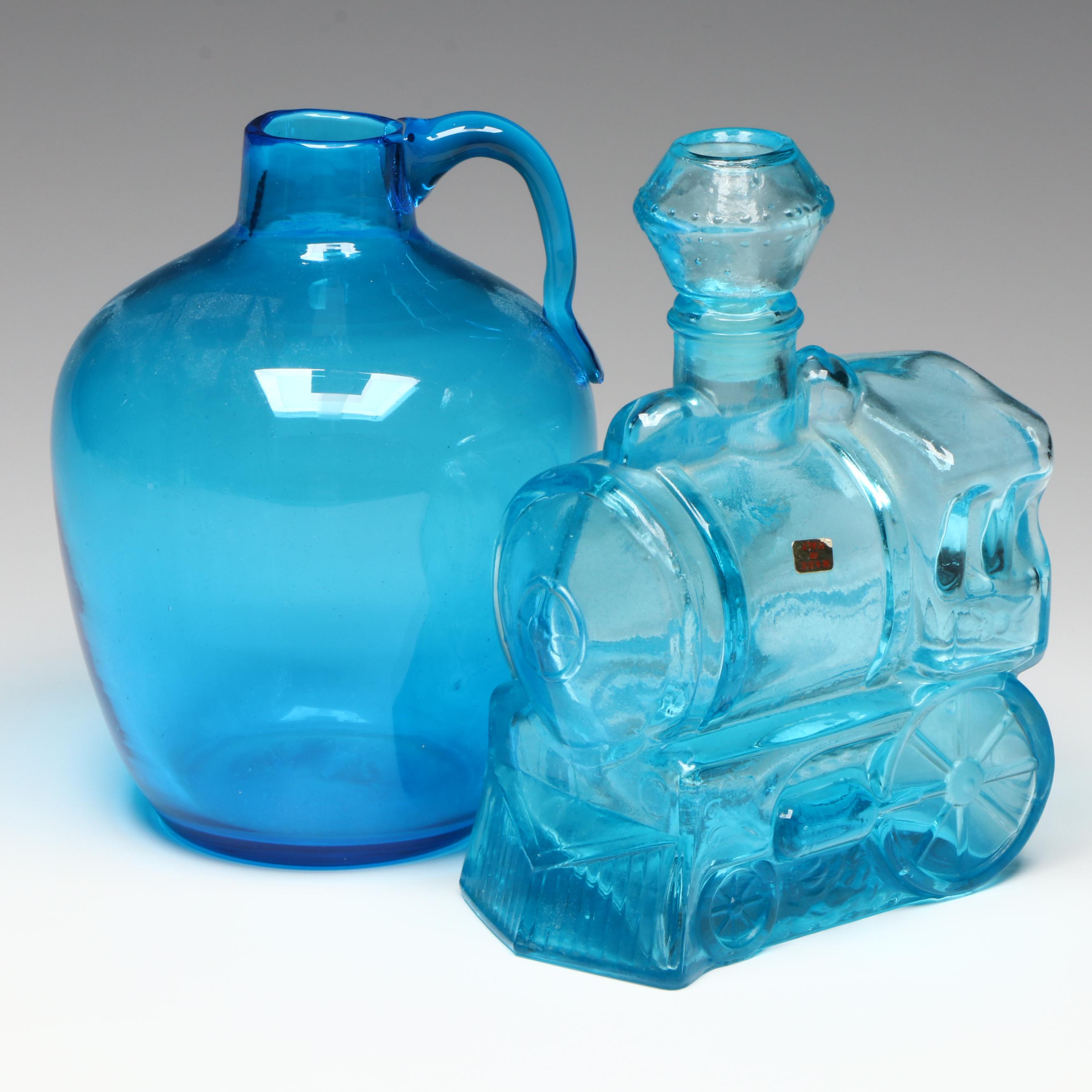 Italian Glass Train Engine Decanter with Blue Glass Jug, Mid to Late 20th C.