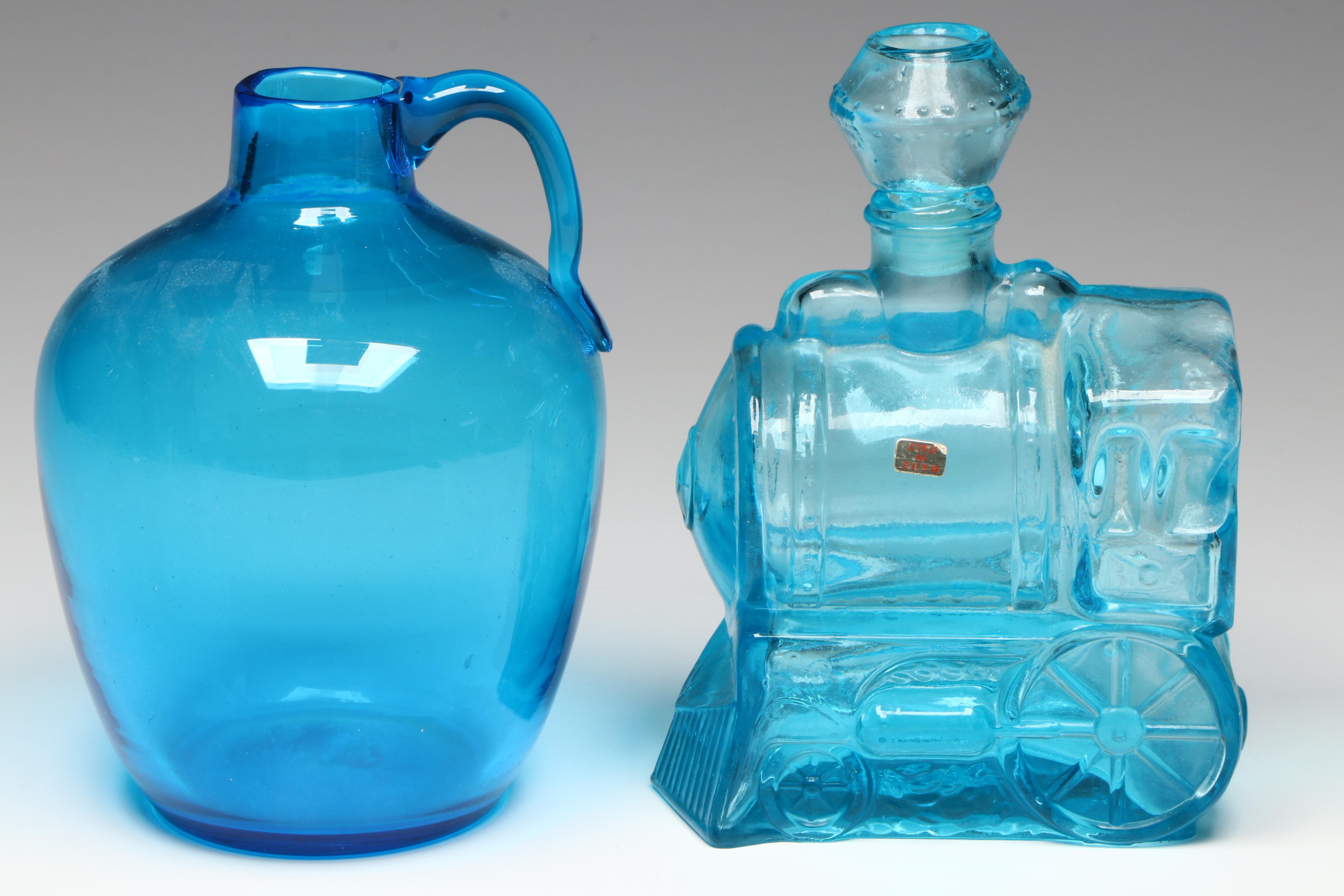 Italian Glass Train Engine Decanter with Blue Glass Jug, Mid to Late 20th C.