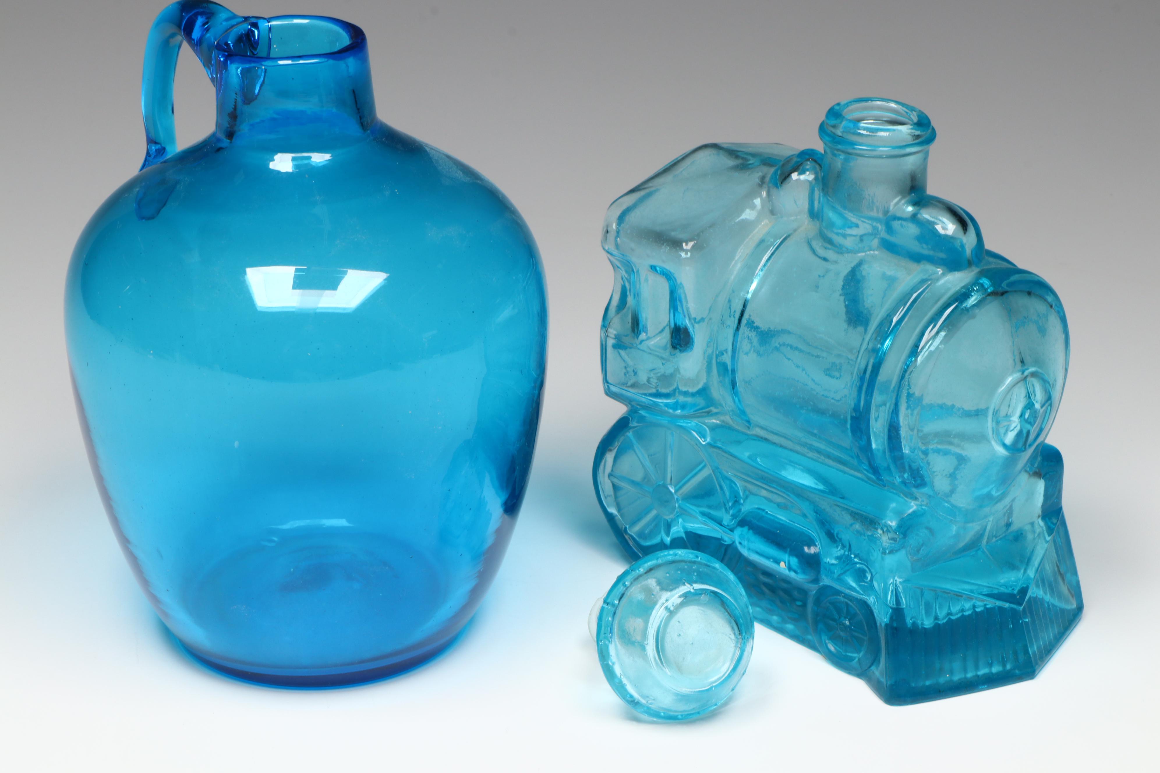 Italian Glass Train Engine Decanter with Blue Glass Jug, Mid to Late 20th C.