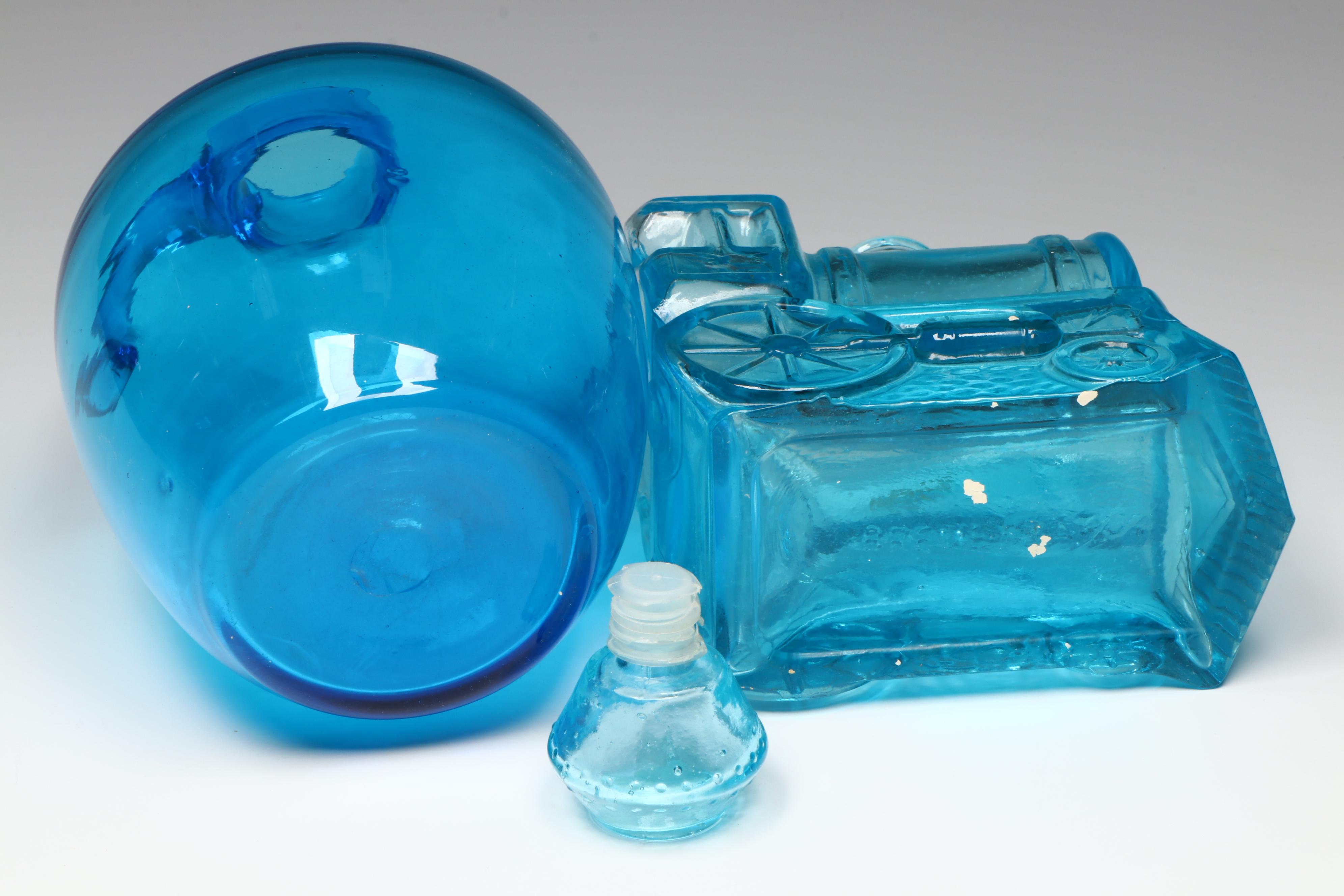 Italian Glass Train Engine Decanter with Blue Glass Jug, Mid to Late 20th C.