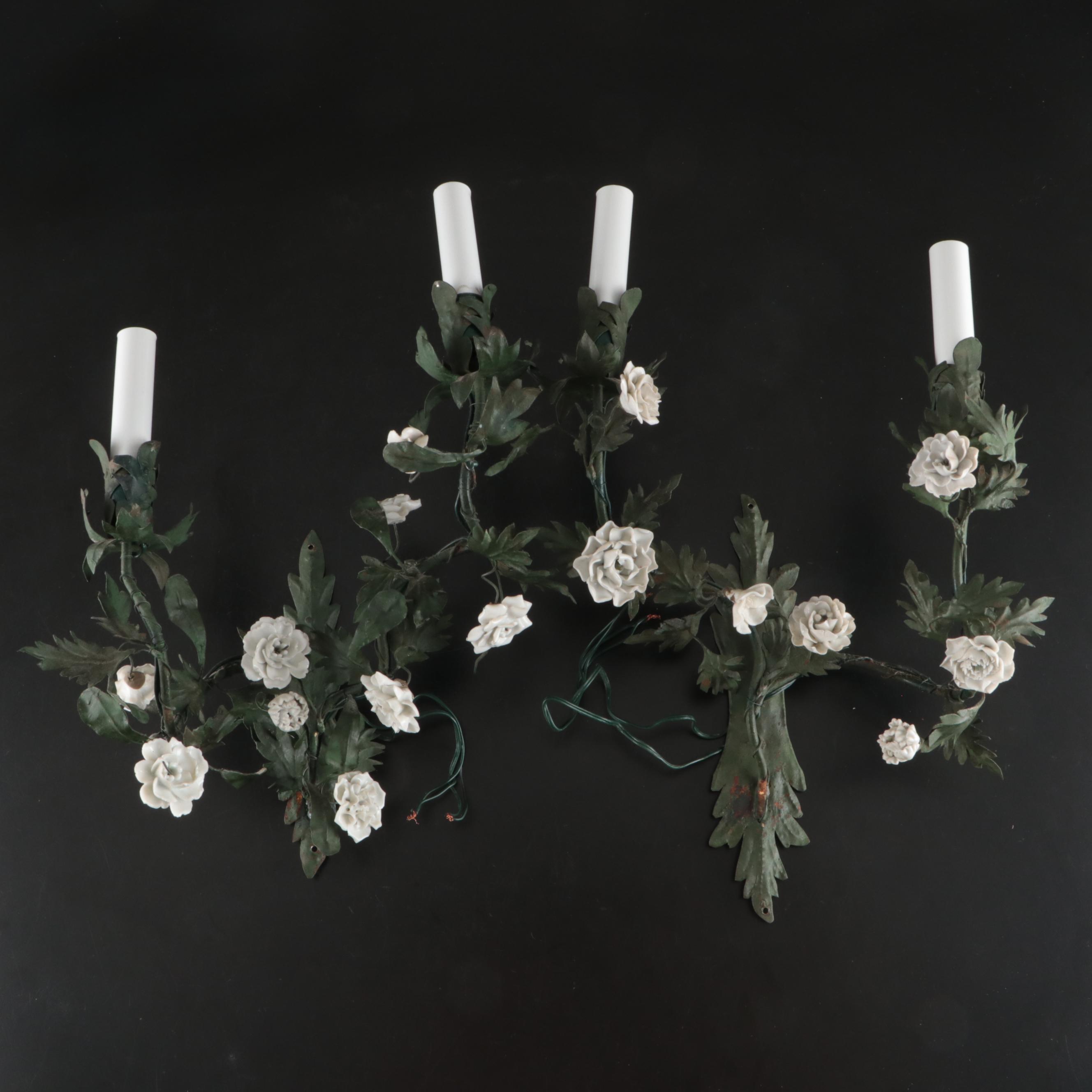 Italianate Style Porcelain Roses and Enameled Metal Foliate Wall Sconce