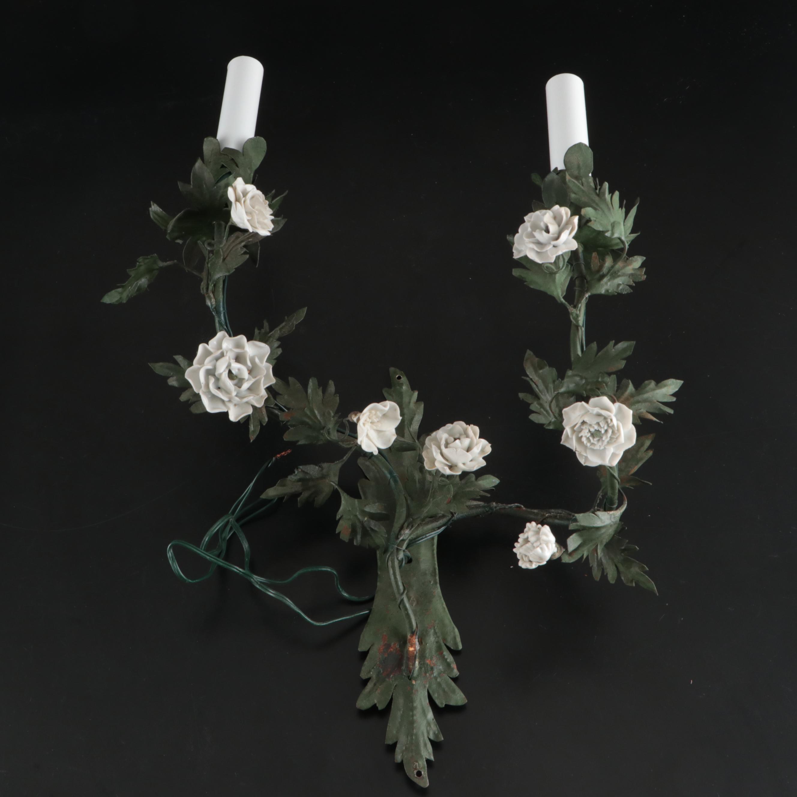 Italianate Style Porcelain Roses and Enameled Metal Foliate Wall Sconce