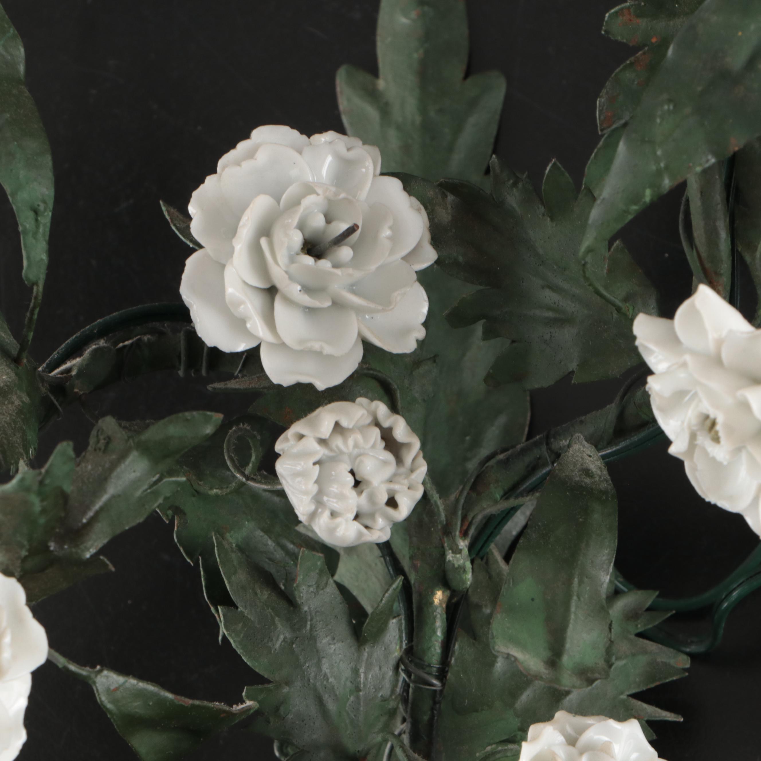 Italianate Style Porcelain Roses and Enameled Metal Foliate Wall Sconce