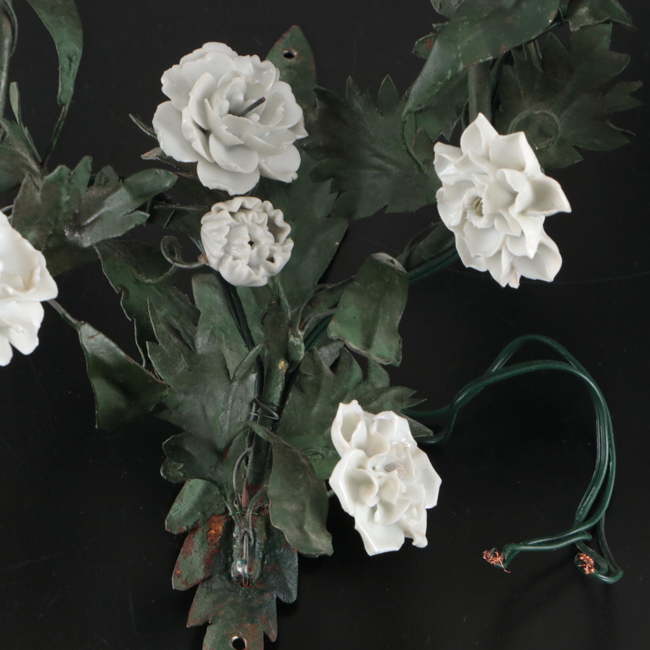 Italianate Style Porcelain Roses and Enameled Metal Foliate Wall Sconce