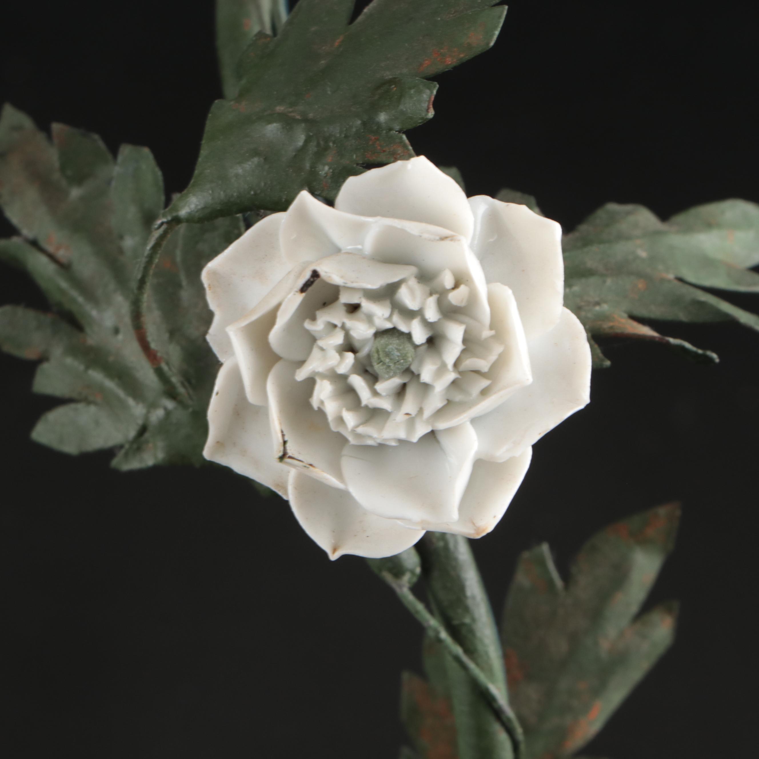 Italianate Style Porcelain Roses and Enameled Metal Foliate Wall Sconce