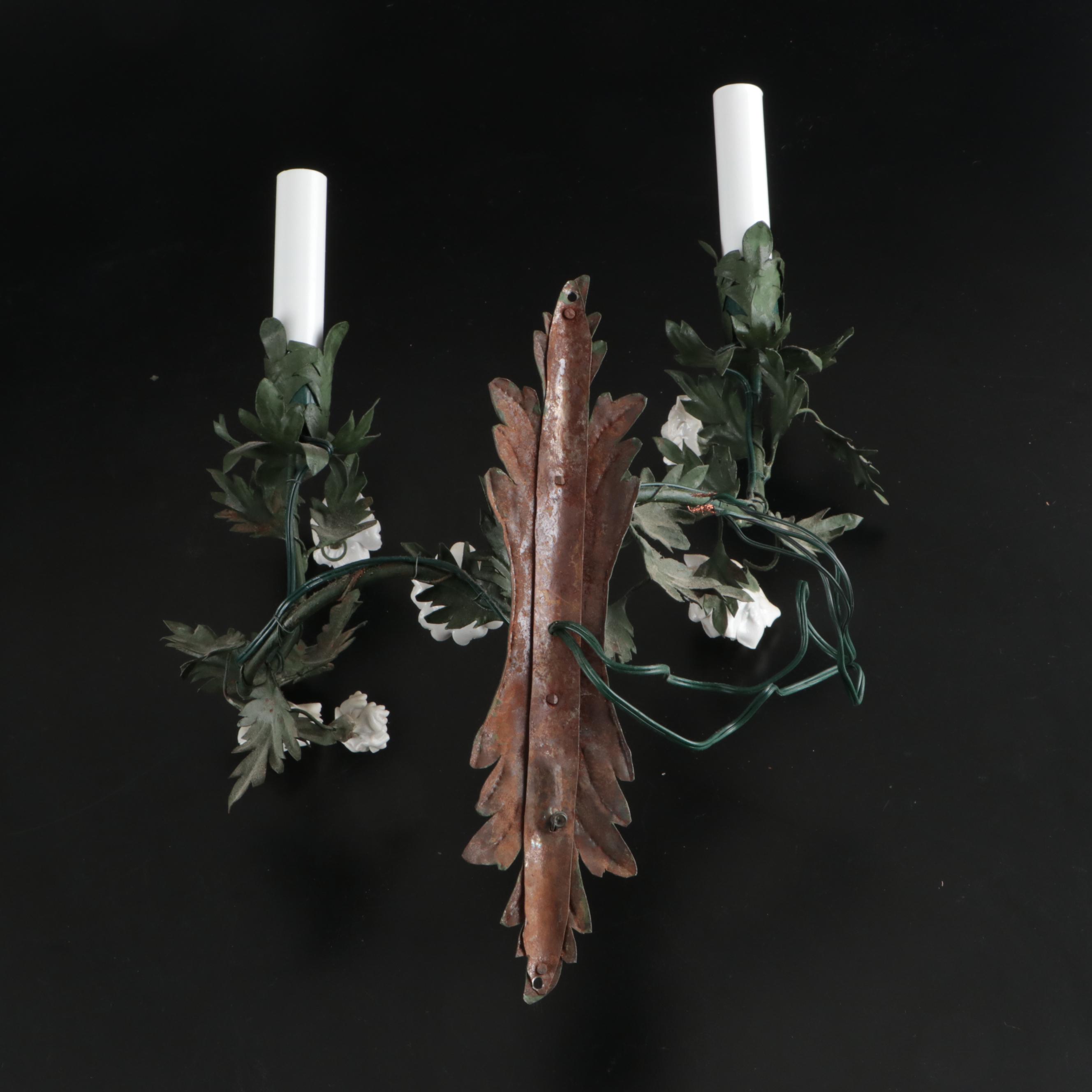 Italianate Style Porcelain Roses and Enameled Metal Foliate Wall Sconce