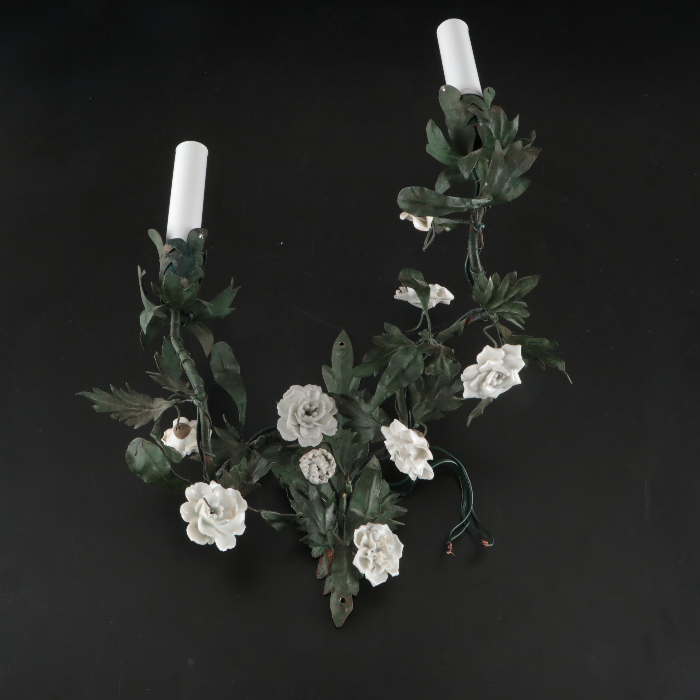 Italianate Style Porcelain Roses and Enameled Metal Foliate Wall Sconce