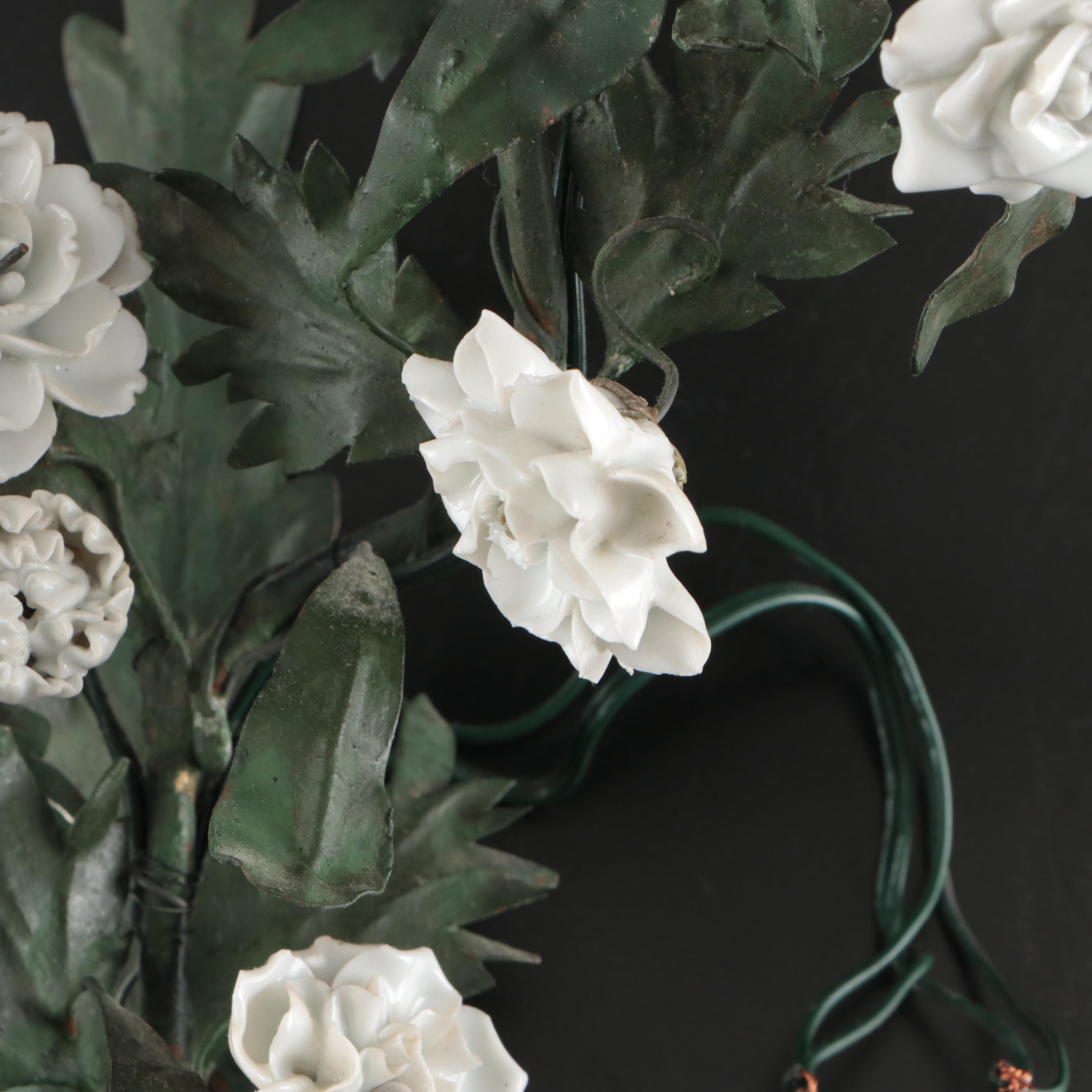 Italianate Style Porcelain Roses and Enameled Metal Foliate Wall Sconce